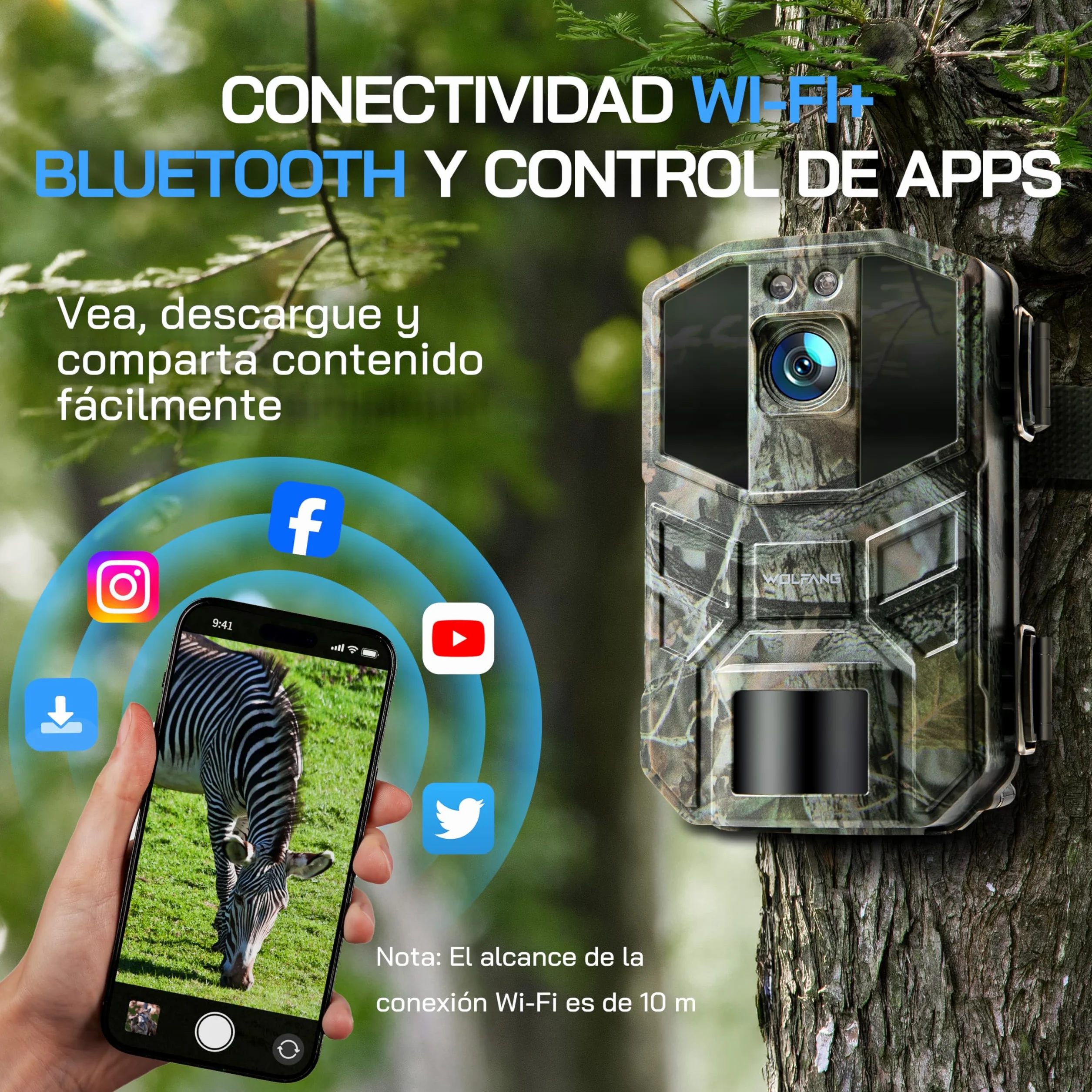 WOLFANG Cámara de Caza WiFi 4K 64MP, Camara Fototrampeo con 0.1s Velocidad de Disparo, Visión Nocturna, Diseño de Temporizadorn, IP66 para Vida Silvestre y Monitoreo de Seguridad