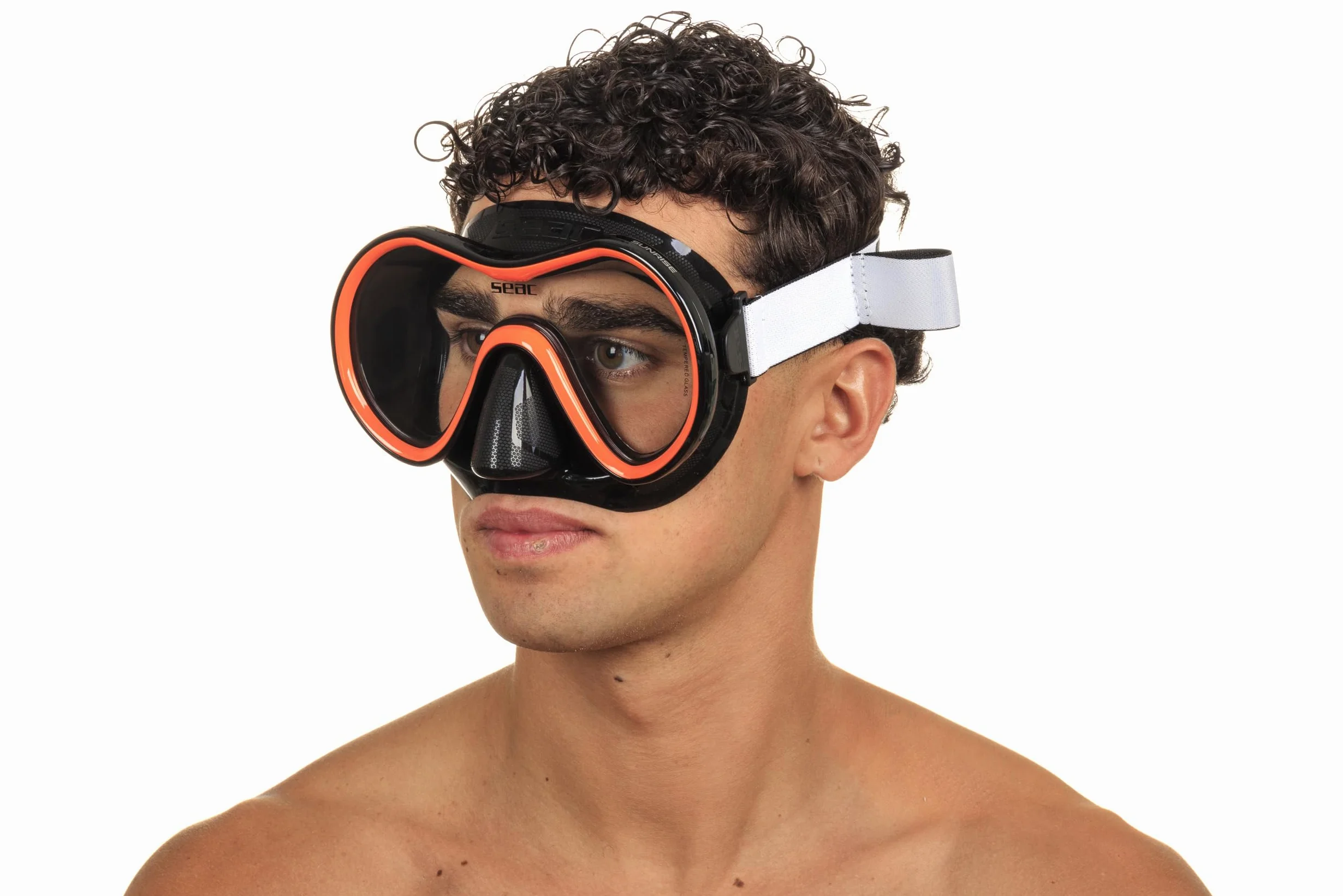 SEAC Sunrise máscara de Buceo y Snorkel de una Sola Cara de Vidrio Templado con Hebilla 3D, con Casco de Tela o Silicona, Unisex Adulto