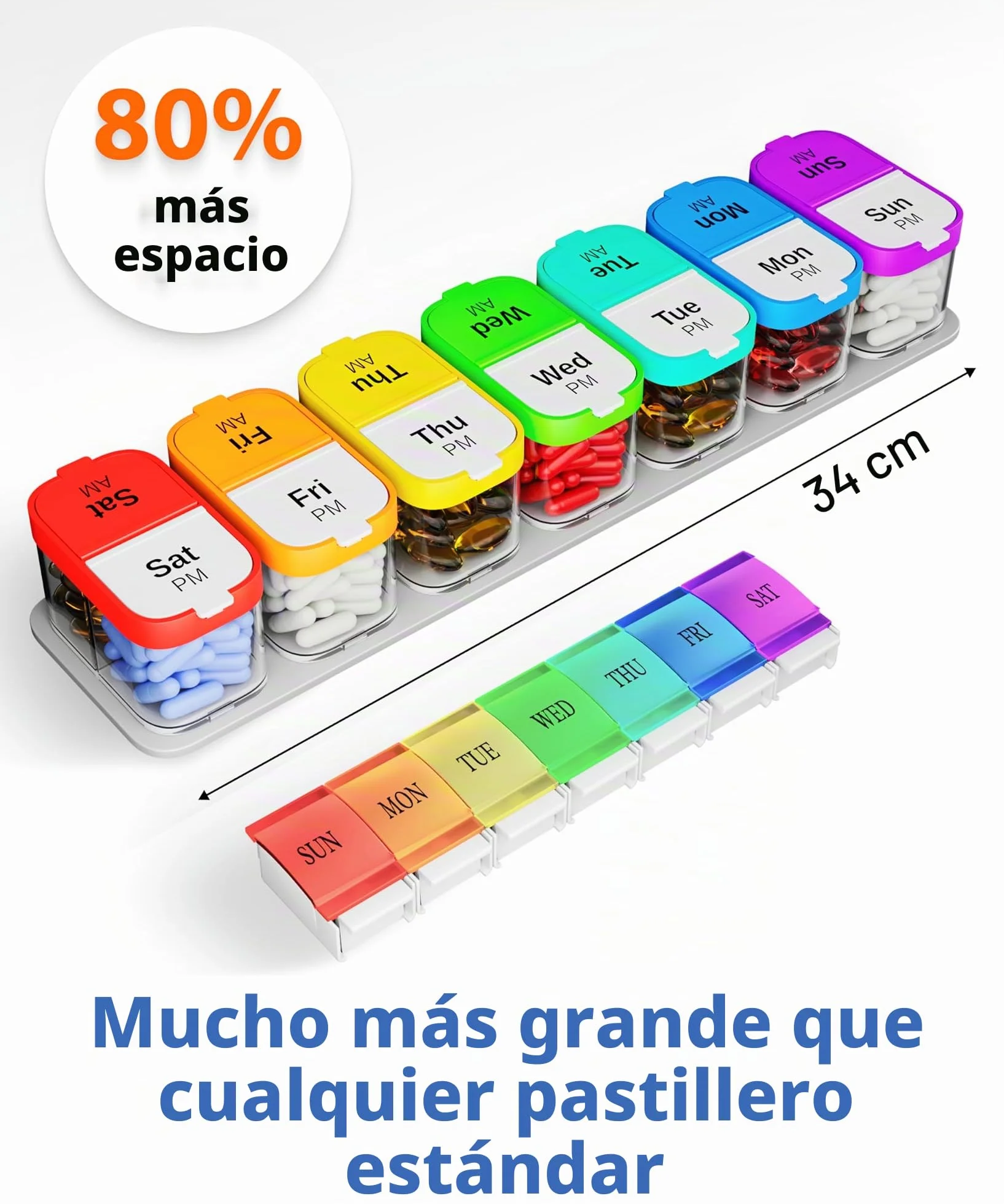 Organizador semanal XL de píldoras con 7 compartimentos desmontables AM/PM, dispensador portátil