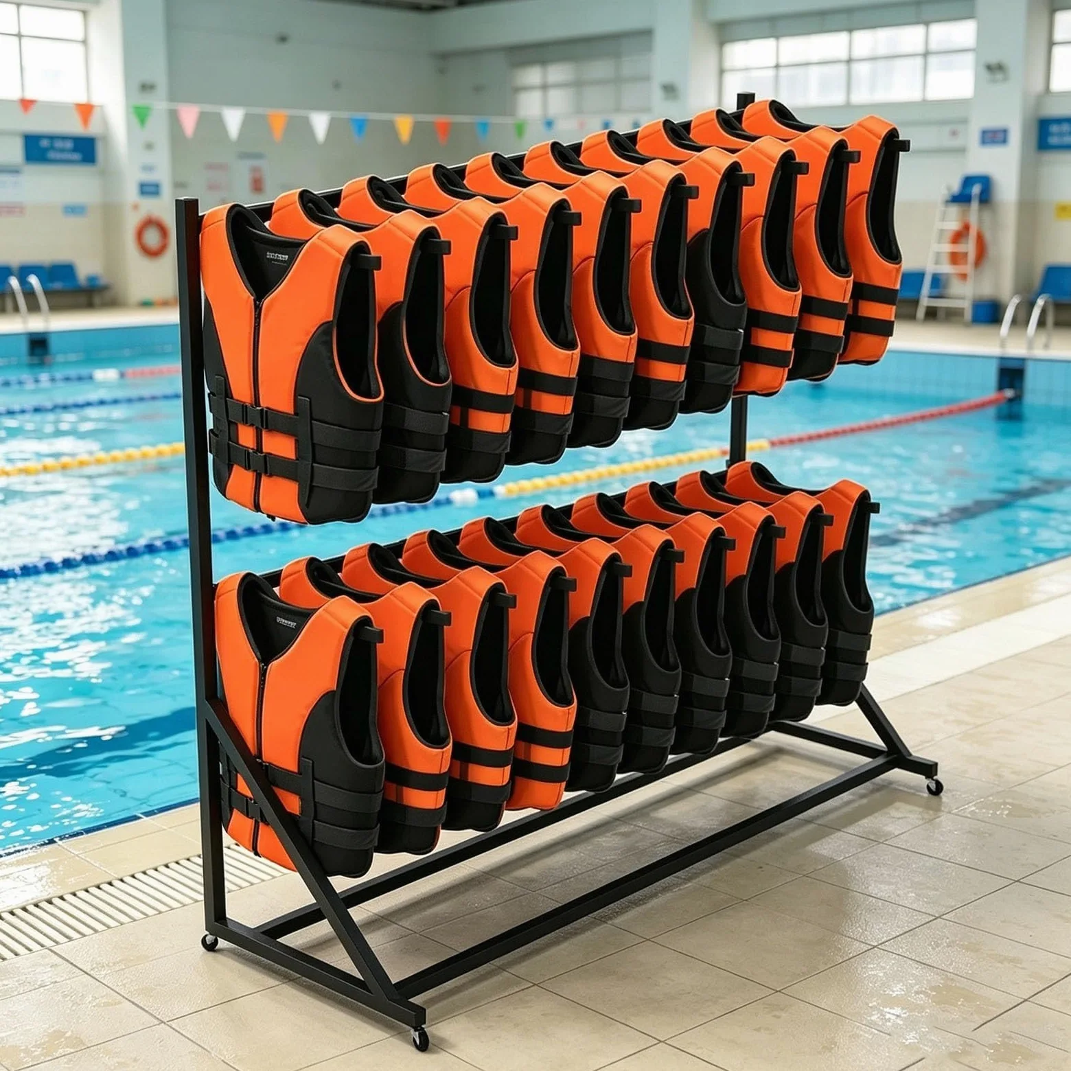 Estante Resistente para Chalecos Salvavidas, Soporte Independiente para Trajes de Neopreno y Chalecos, Organizador de Accesorios de Piscina con Ruedas giratorias(2-Tier)