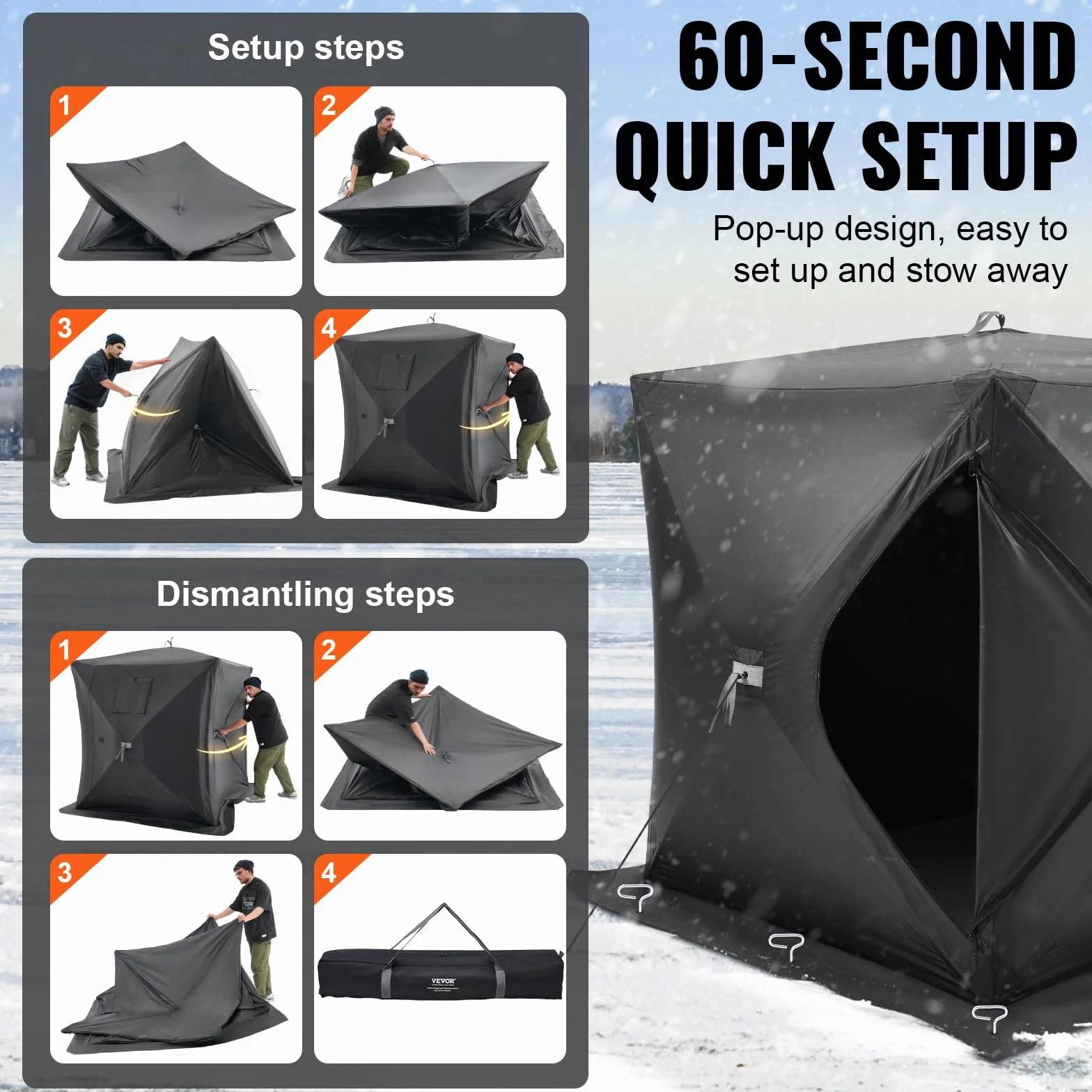 VEVOR Portable Pop-Up Ice Fishing Tent, 1-8 Person Insulated Ice Shelter, Large Fishing Area, Hub-Style Ice Shanty for Winter Fishing, Waterproof Oxford Ice Cube with Anchors/Ropes/Carrying Bag