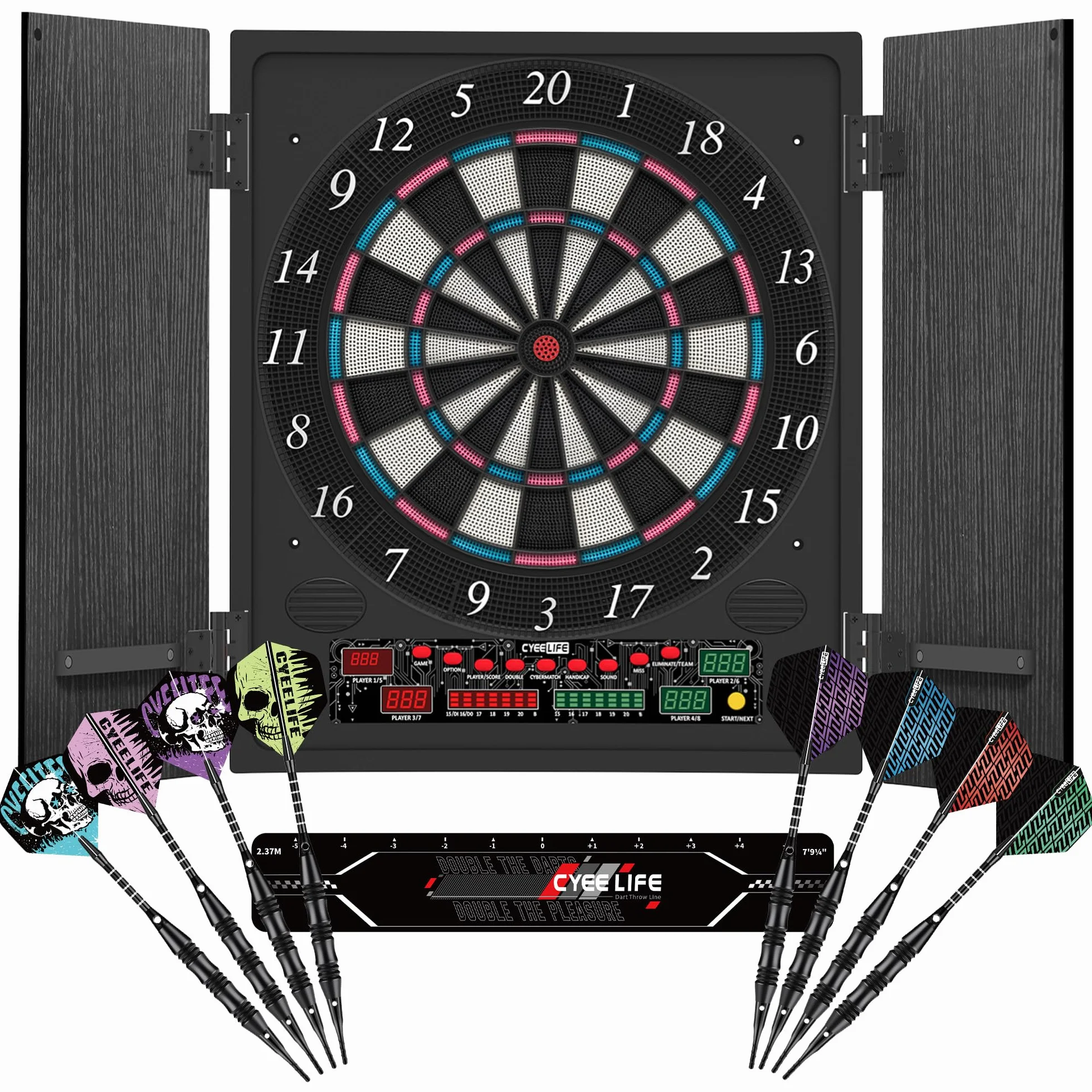 CyeeLife Diana electrónica con gabinete de Madera, Juego de Dardos electrónico, Tablero de Dardos con 34 Juegos y 355 Variantes, Modo para 8 Jugadores, Pantalla LED, Voz Alemana