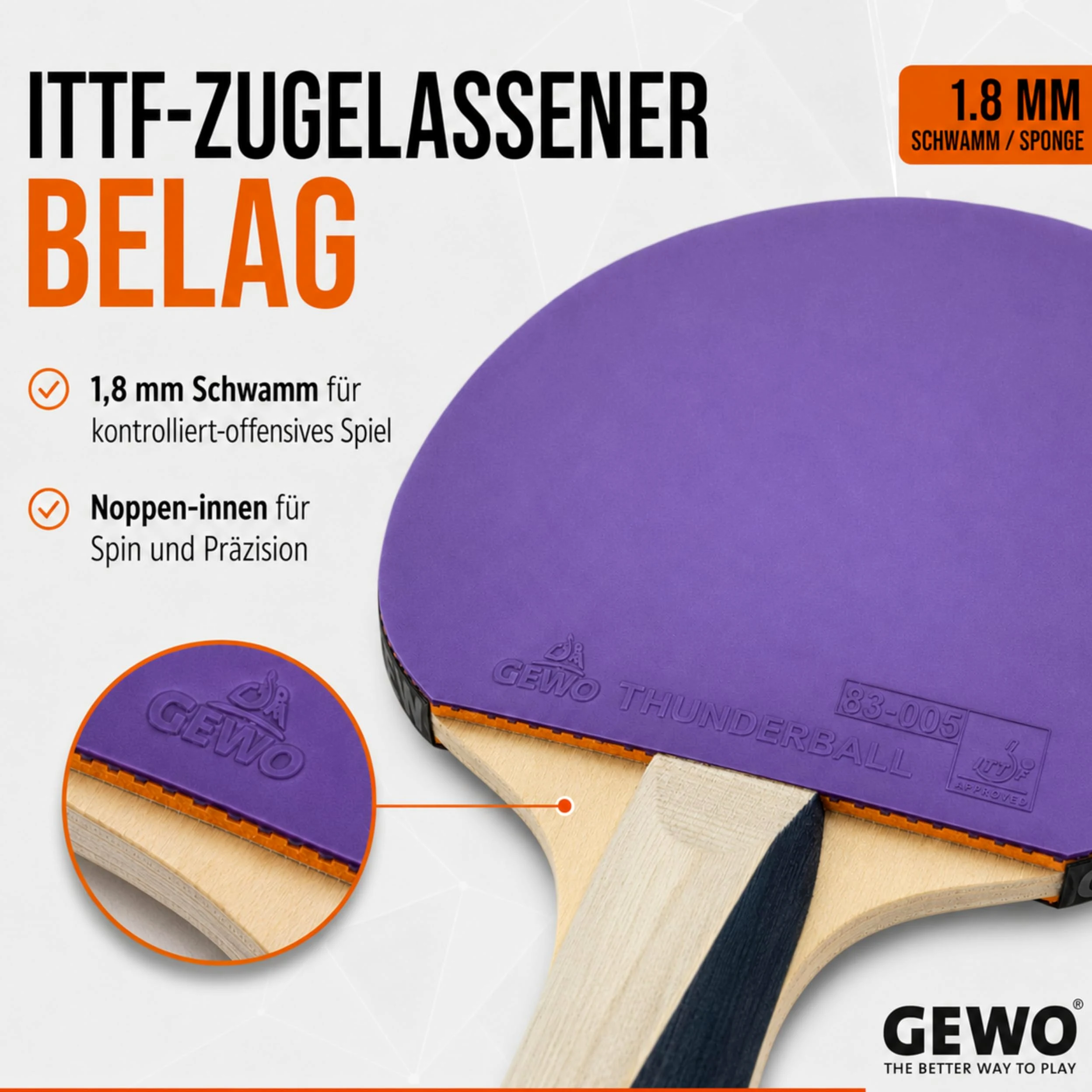 GEWO PS Blast Control - Raqueta de Ping Pong de Mesa Profesional aprobada por la ITTF con Revestimiento Thunderball 2 controlado y Altas propiedades de rotación, cóncava, Esponja de 1,8 mm