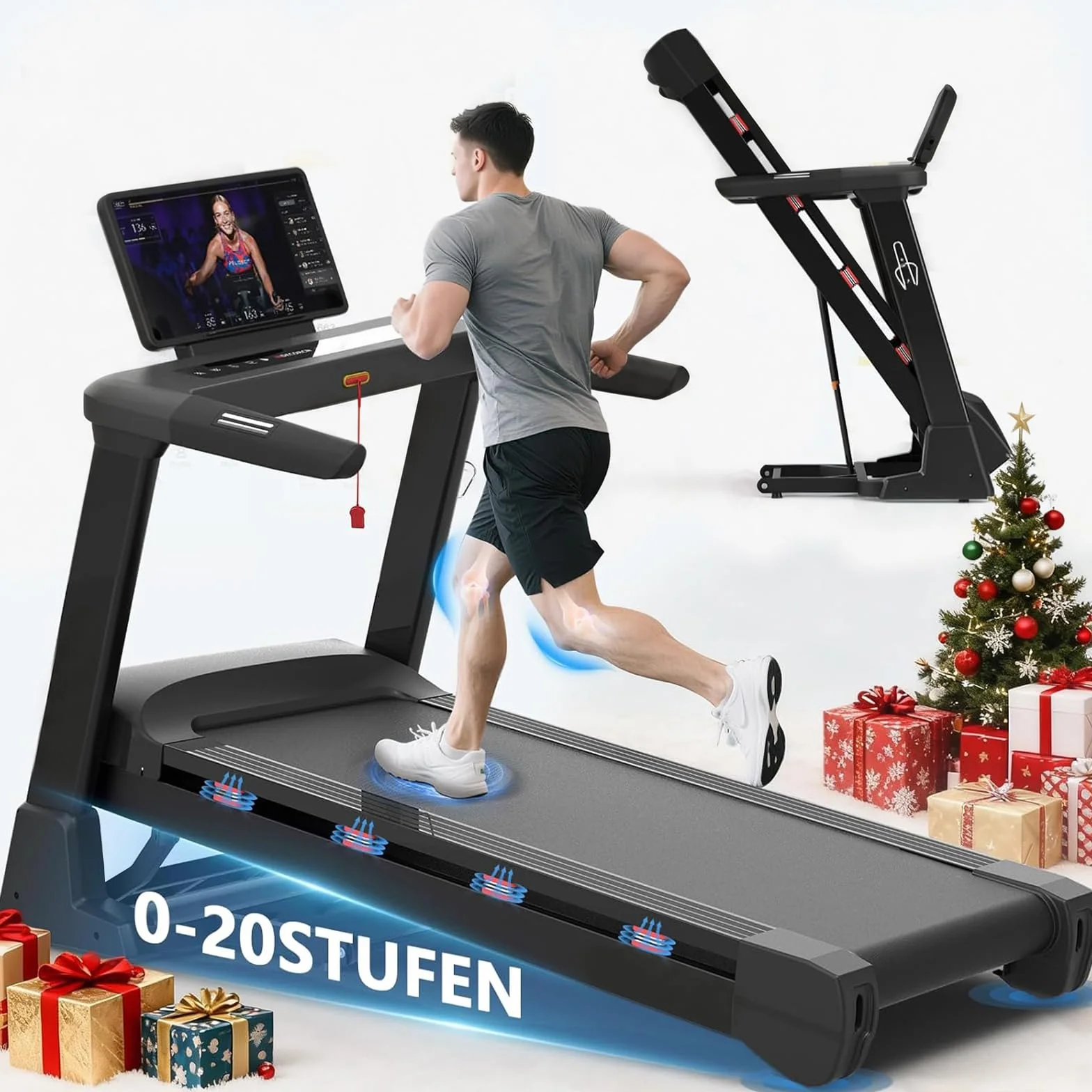 Cinta de Correr Plegable Profesional con App, Motor 7.5CV 20 km/h, Inclinación Automática 20 Niveles, Máquina de Correr para Gimnasio en Casa, Carga 200 kg, Silenciosa, Pantalla Táctil 15.6"