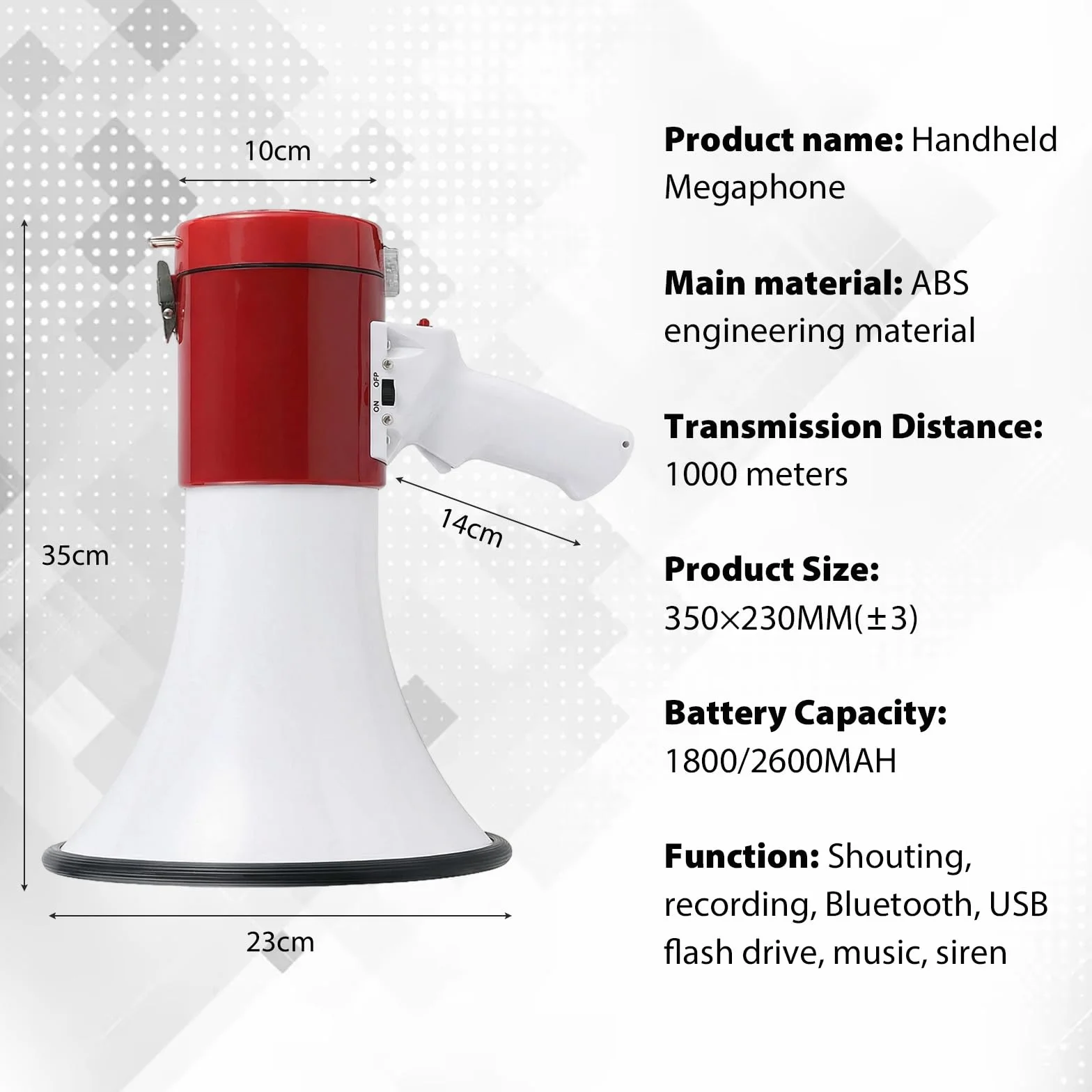 Megáfono 50W 1000m Sirena Micrófono Grabación 260S Bluetooth Correa Ajustable Rojo
