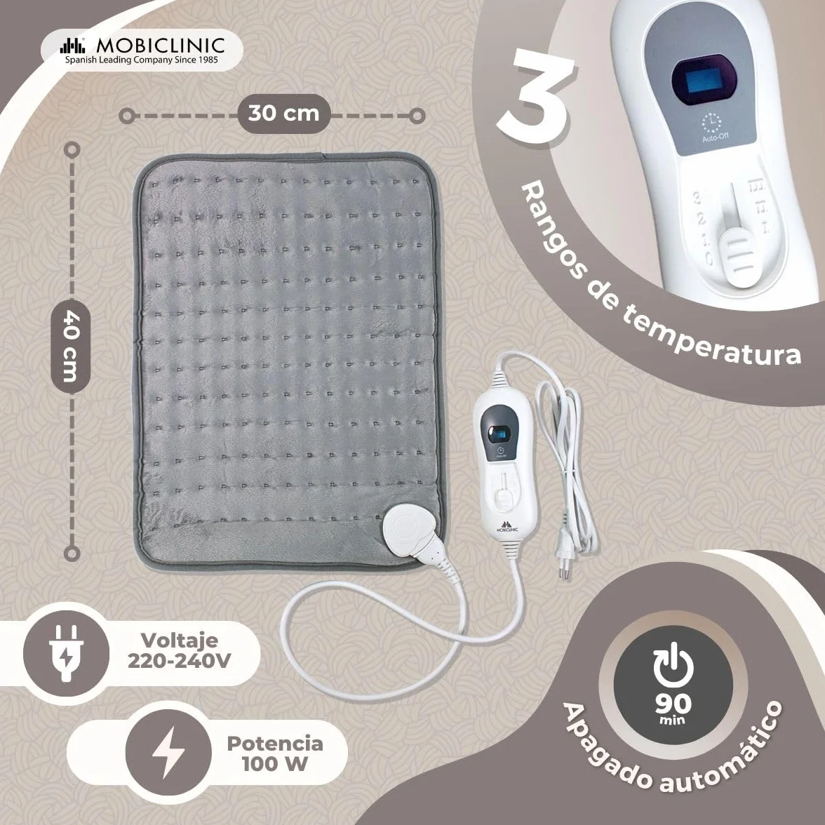 Mobiclinic, Almohadilla eléctrica, Térmica, Manta, 3 niveles de calor, Bajo consumo, Apagado automático, Potencia 100w, Esterilla, Marca española, Para espalda, Lumbares, 40x30 cm