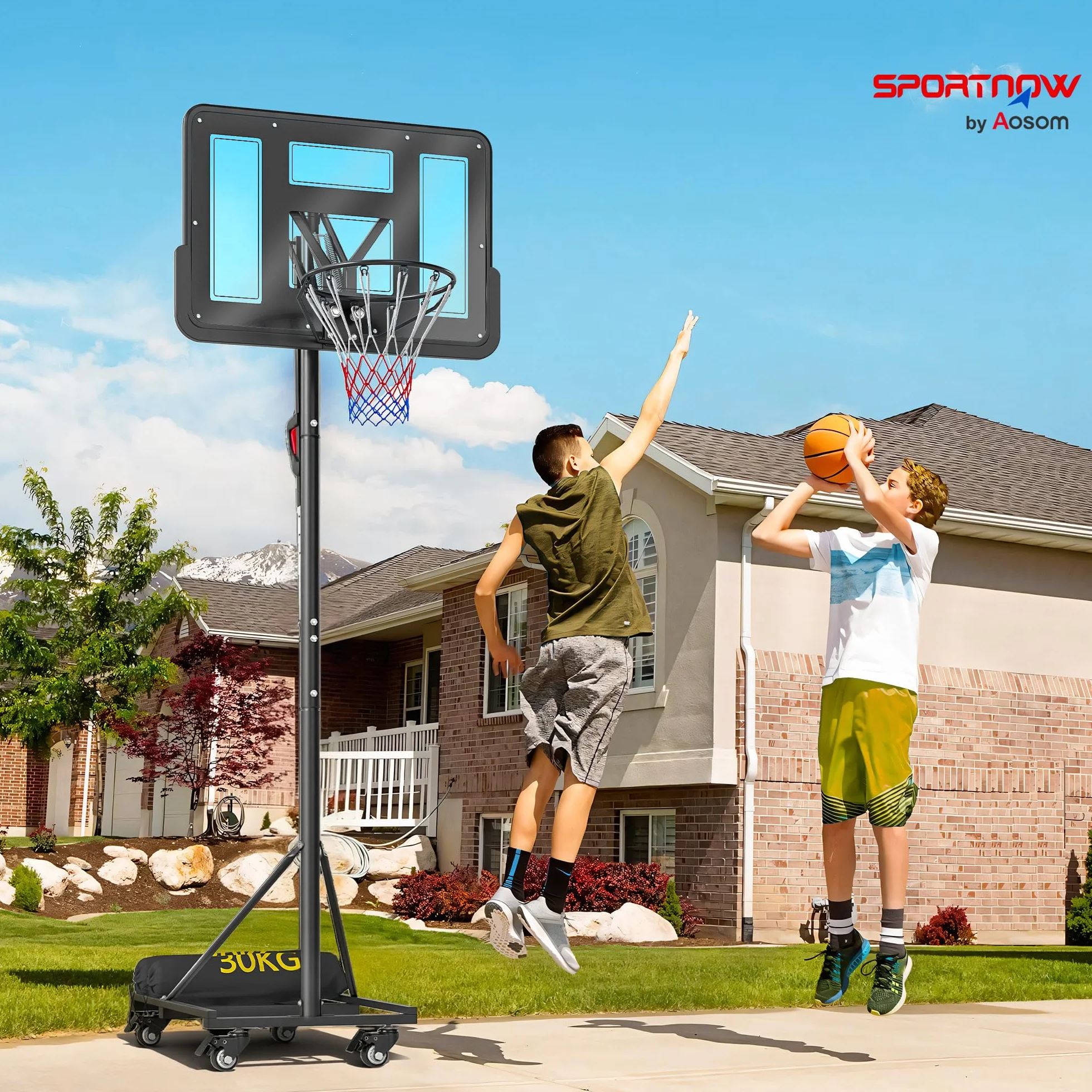 SPORTNOW Canasta de Baloncesto Exterior Altura Ajustable 235-305 cm Portátil Tablero Irrompible 110 cm Ruedas Saco de Peso Negro