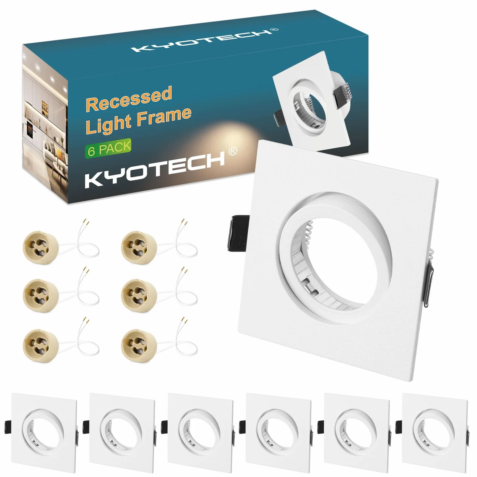 KYOTECH Juego de 6 Focos Empotrables GU10 Blanco Orientable Cuadrado