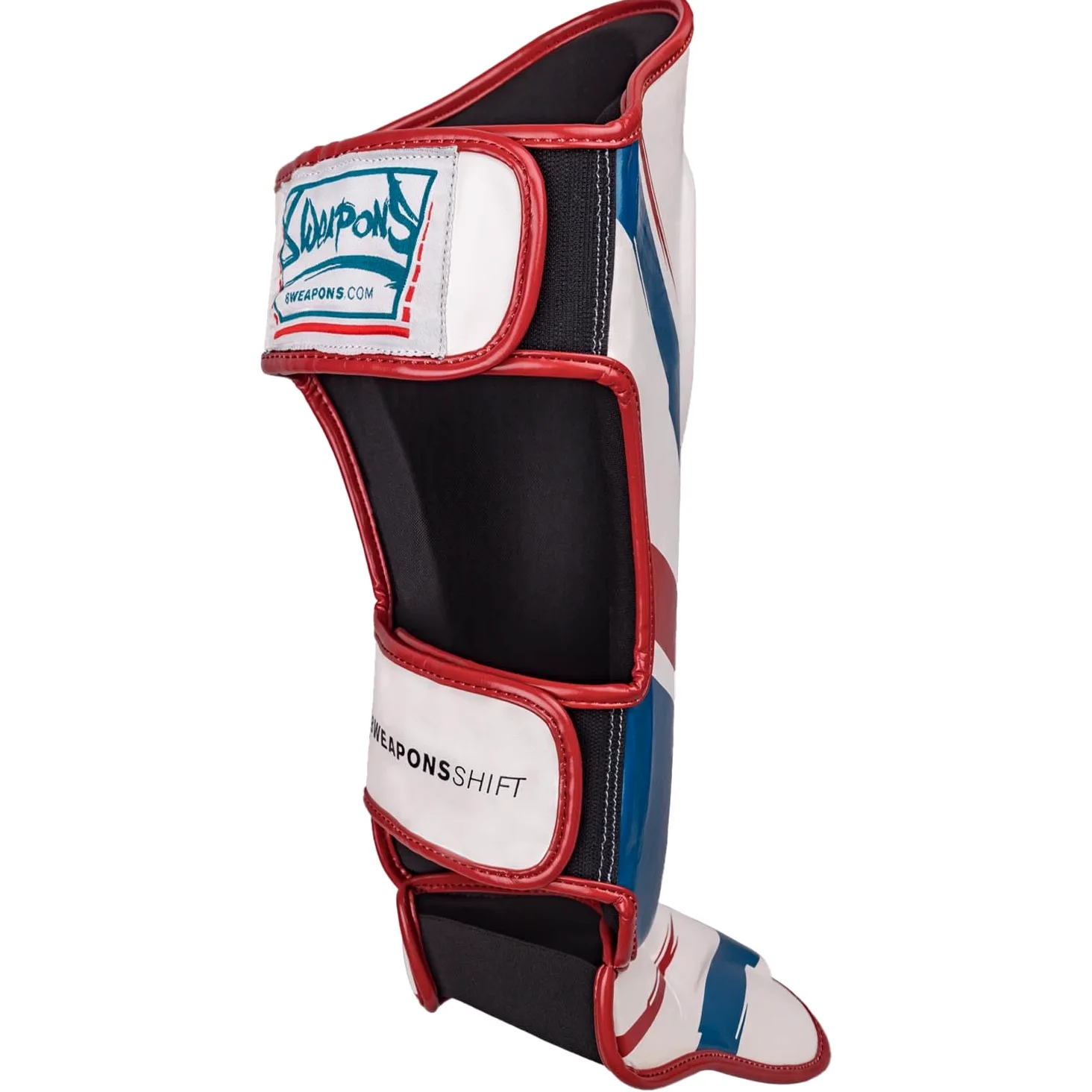 8 WEAPONS Espinilleras Shift, blanco y rojo marino, entrenamiento y competición, piel sintética de alta calidad y amortiguación perfecta, Muay Thai, K1, MMA, karate y kickboxing
