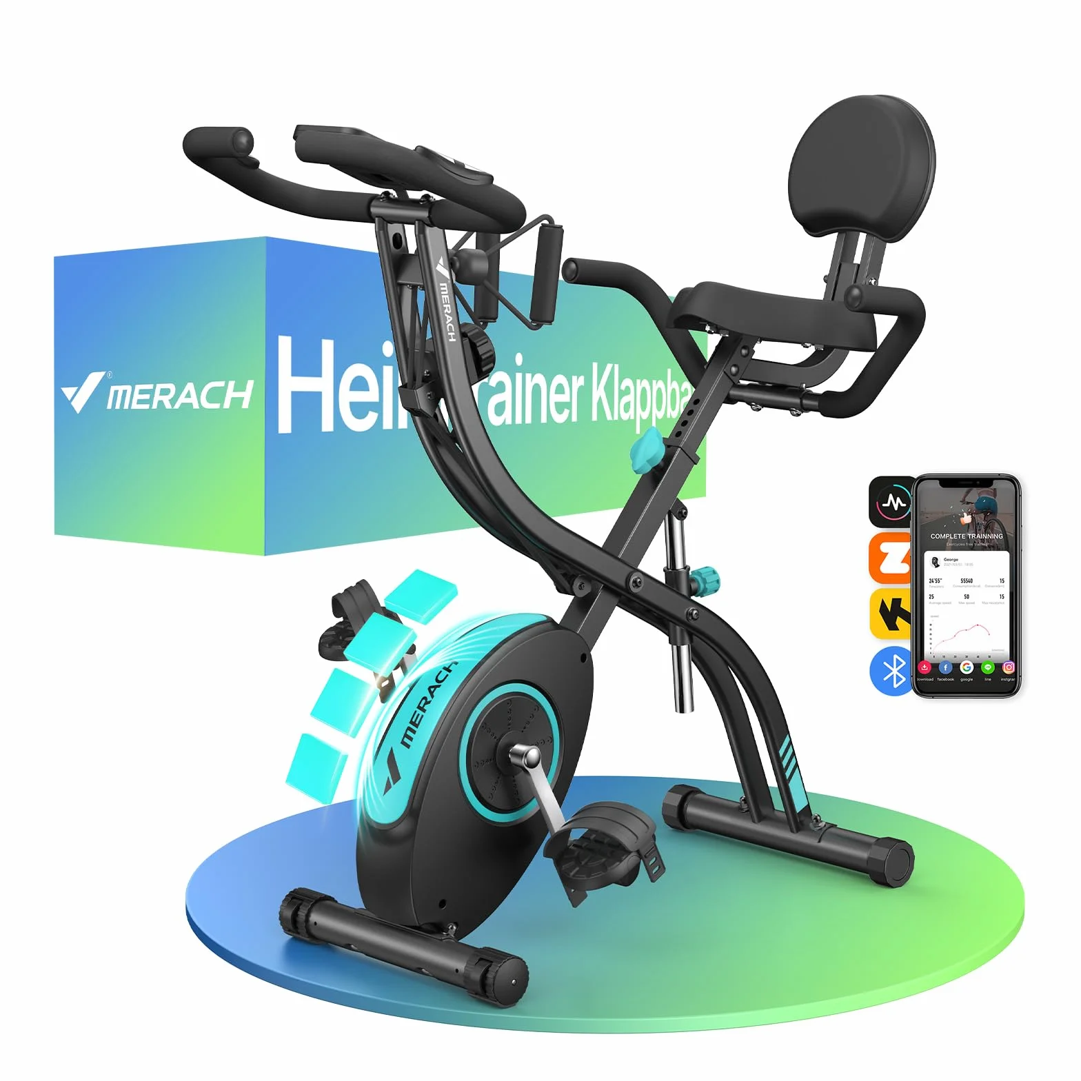 MERACH Bicicleta Estática 4 en 1 con App Entrenamiento, Bicicleta Estatica Plegable Silenciosa, Resistencia Magnética de 16 Niveles, Banda de Resistencia, Pantalla LCD, Medición Pulso, Asiento Cómodo