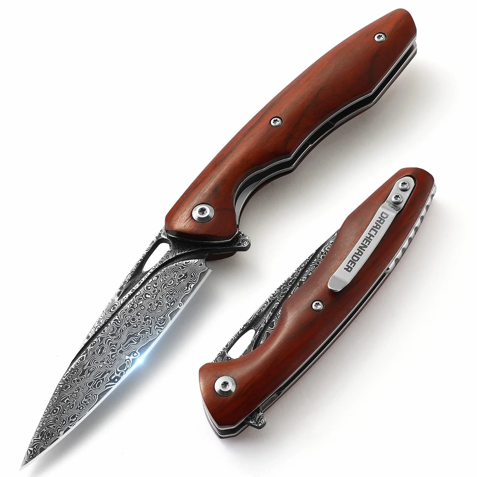 DRACHENADER La navaja de bolsillo plegable de Damasco clip, núcleo de acero VG10 y mango de madera es versátil, fácil de usar y la compañera perfecta para acampar al aire libre.