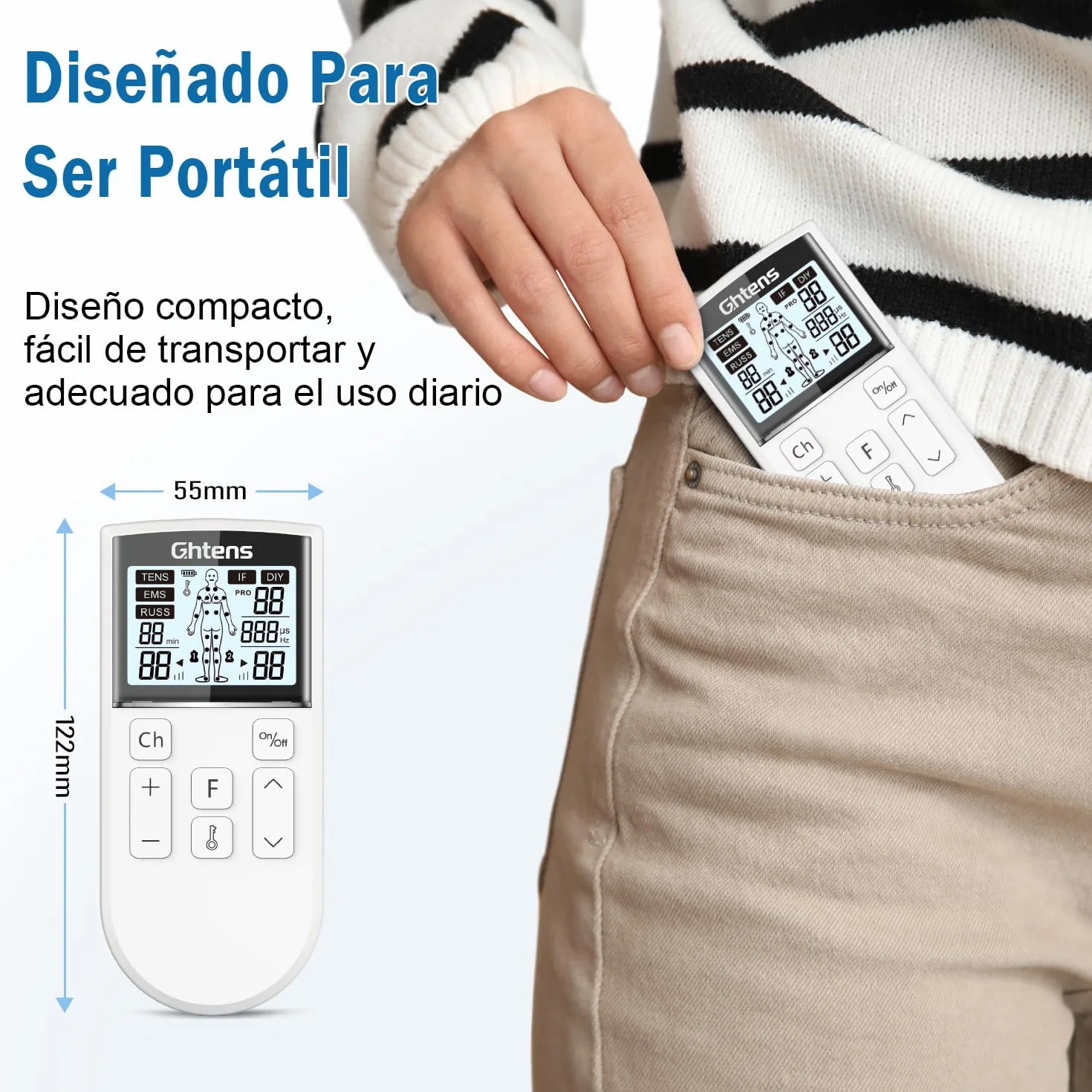 GHTENS Electroestimulador Muscular 5 en 1 Recargable 80 Modos TENS/EMS/RUSS/IF/DIY Masaje 2 Canales 16 Intensidades Alivio Dolor Blanco