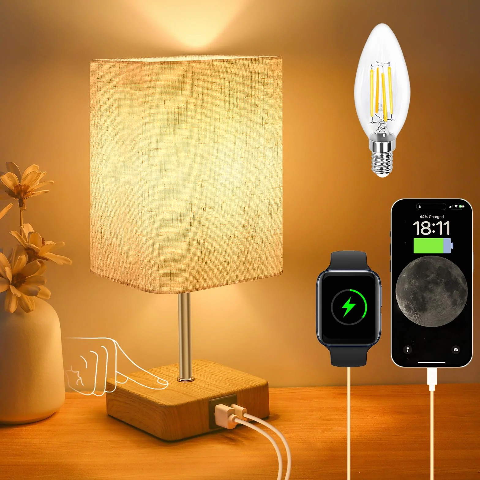 Lámpara Mesita Noche Táctil Regulable con Puertos de Carga USB A y C, 3 Niveles de Brillo, para Dormitorio, Sala, Oficina