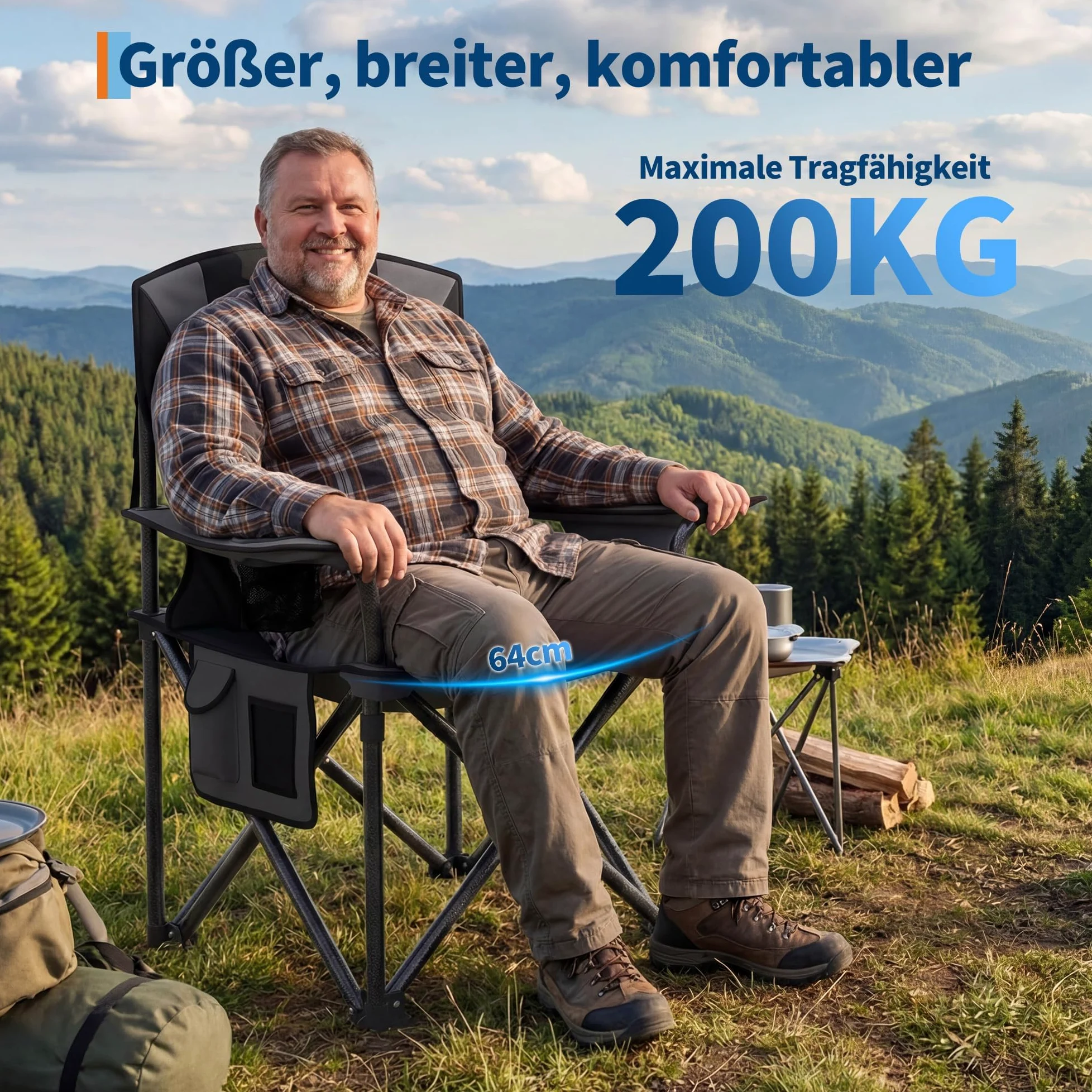 GarveeTech Sillas De Camping Plegables XXL para Adultos | Alta Resistencia y Máximo Confort - Respaldo Acolchado Alto - Soportan Hasta 200 kg - Con Portavasos, Bolsa Térmica y Bolsill