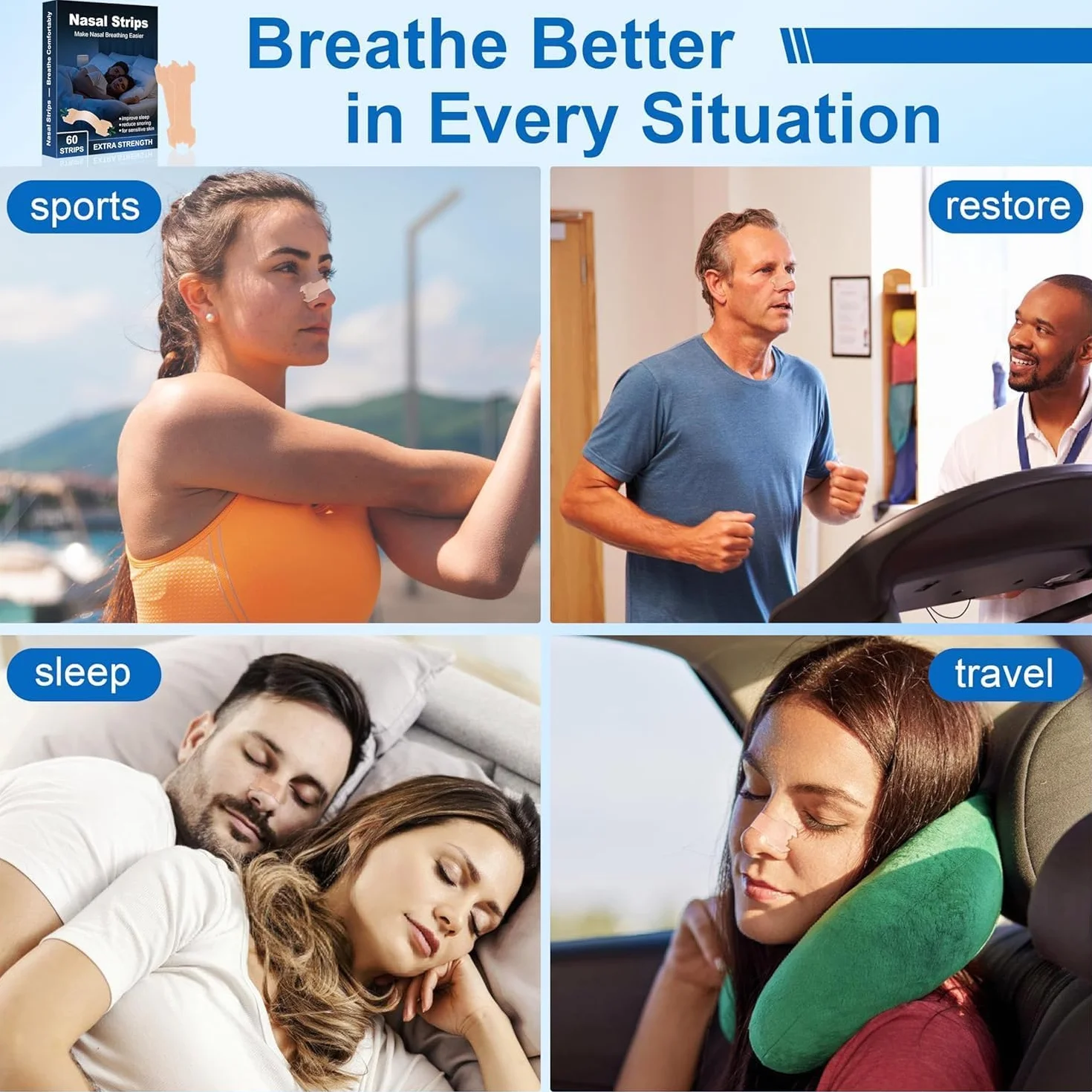 Tiras Nasales Antironquidos - Nasal Strips, 60 piezas Nose-Strips Tiritas Nariz Deportivas Dormir