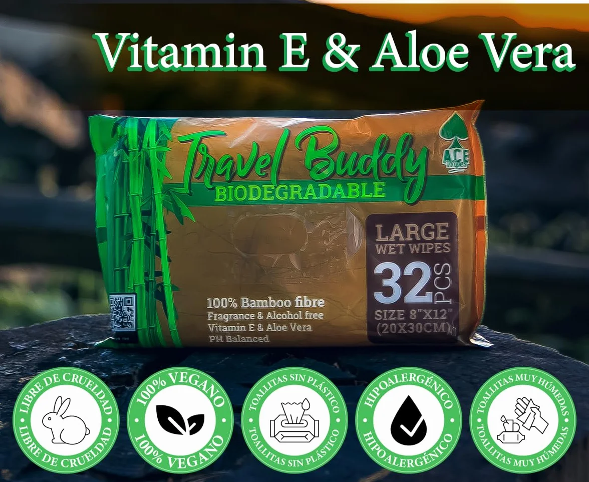 Ace Wipes Travel Buddy Toallitas húmedas de bambú biodegradables grandes 32 toallitas