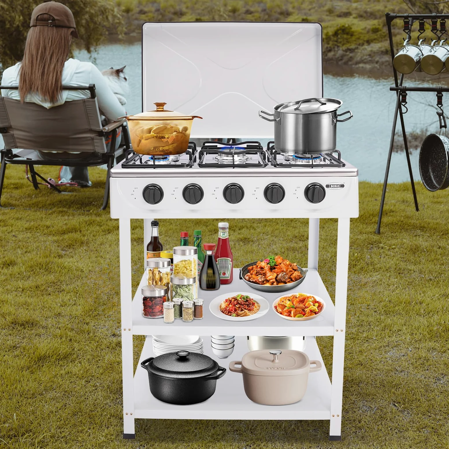 Hornillo de gas de 5 fuegos, 2,5 kW, horno de camping independiente, hornillo de gas portátil para NG/LP, regulador separado, estufa de gas, camping, para interior y exterior (negro)