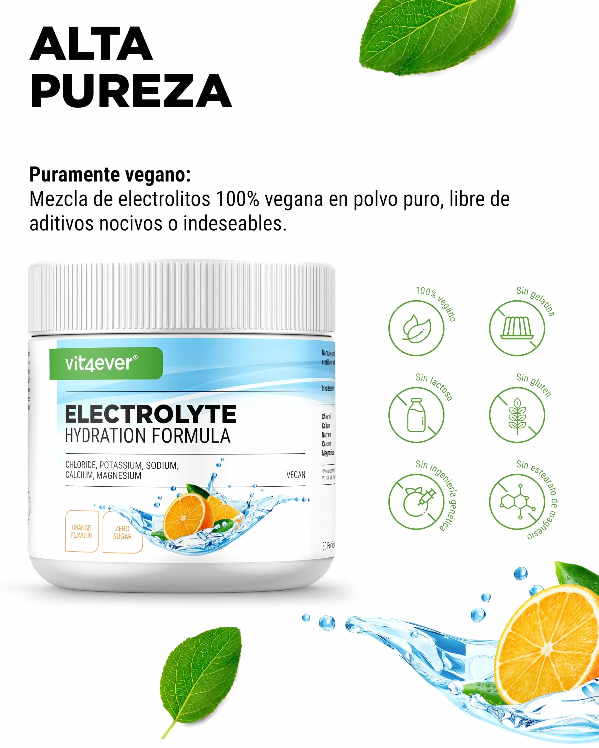 vit4ever Electrolitos 400 g 80 Porciones Fórmula Hidratación Cloruro Potasio Sodio Calcio Magnesio Sin Azúcar Vegano Sabor Naranja