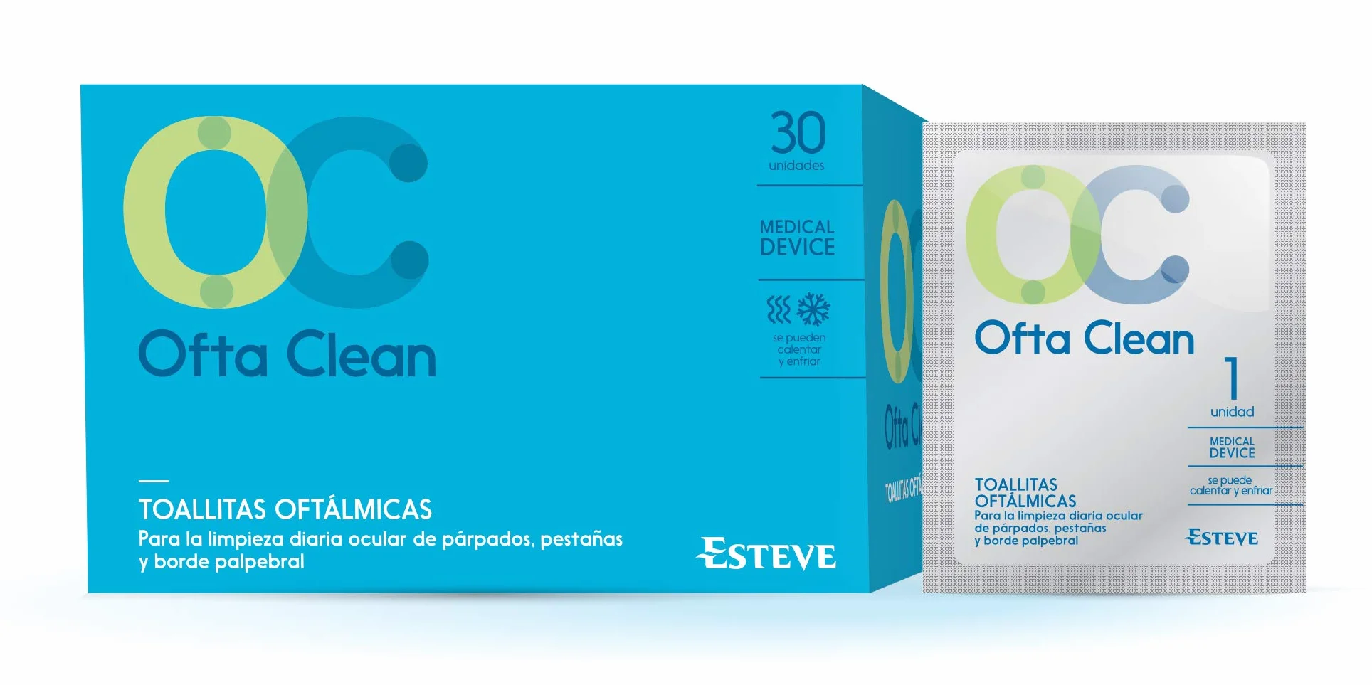 OFTA CLEAN 30 toallitas XL limpieza ocular diaria limpiadoras antimicrobianas emoliente acción dual caliente fría