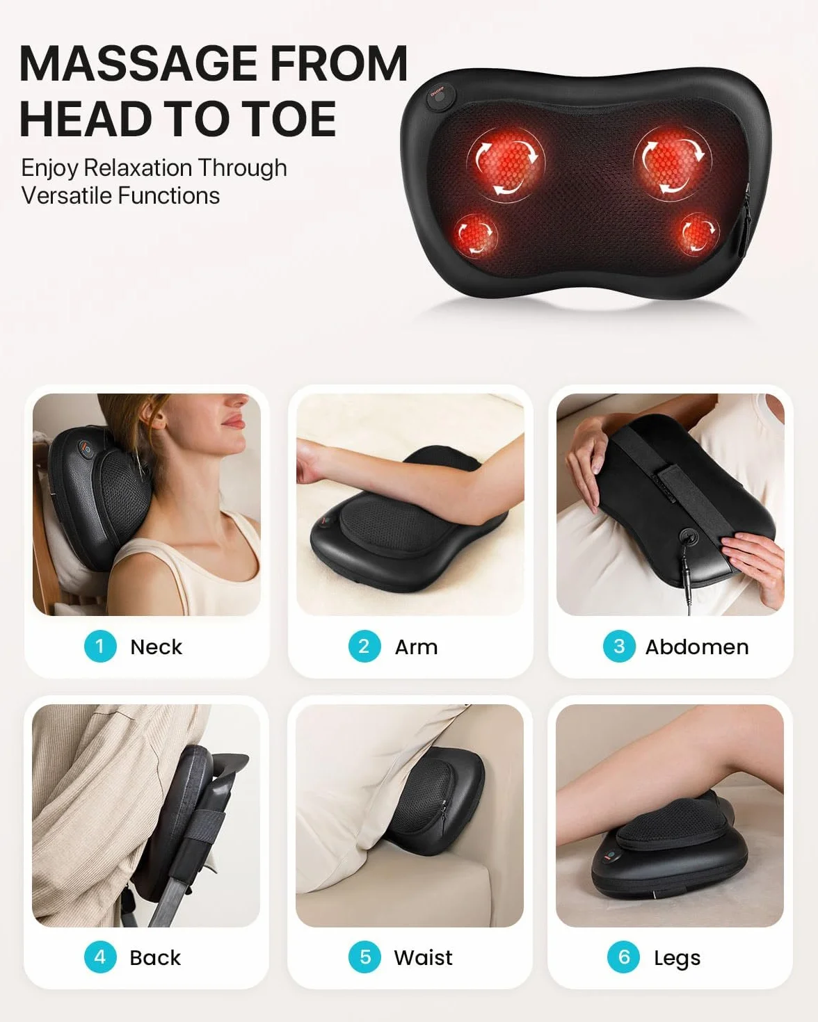 ALLJOY Cojín Masajeador Cervical y Espalda, Masaje Shiatsu con Calor, 3 Niveles, 4 Nodos Rotación 3D