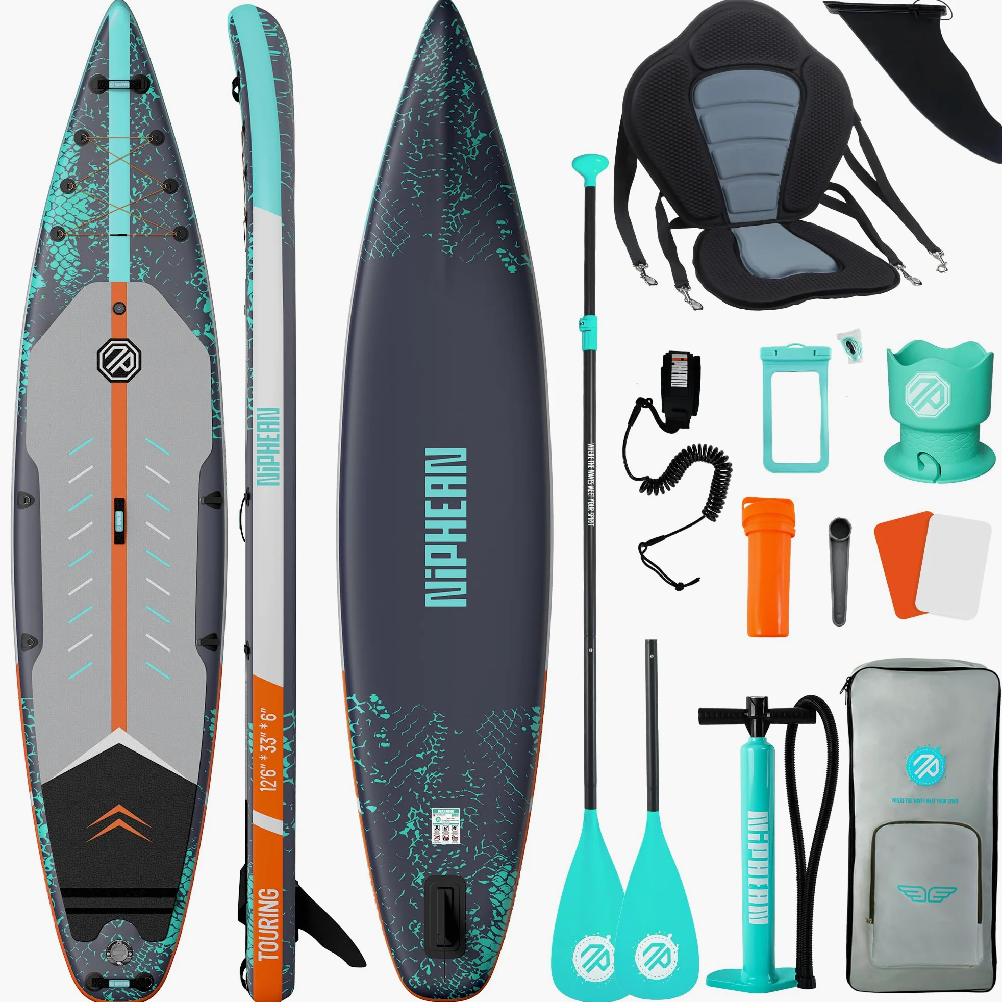 Niphean 380cm Tabla Paddle Surf Hinchable, Sup Touring con Accesorios | Tabla Padel Surf Rígida 280kg para Adultos y Principiantes, Kick Pad, Antideslizante, Kit Reparación