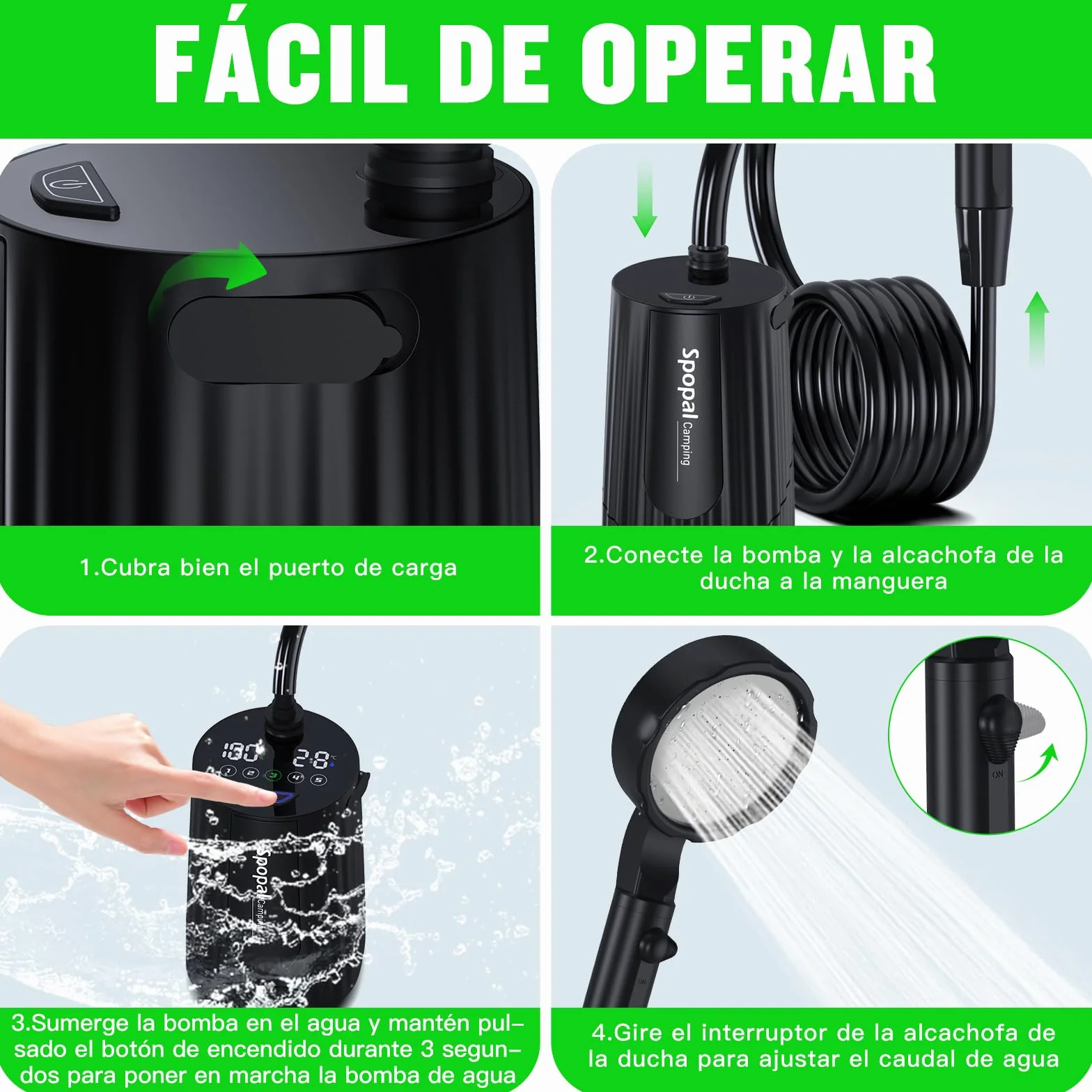 Camping Portatil Ducha 10000mAh Recargable Bateria Pantalla Temperatura 5 Velocidad Larga Duración para Hacer Caminatas Perros