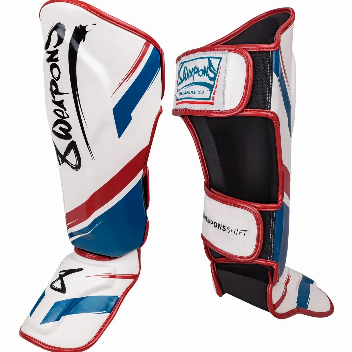 8 WEAPONS Espinilleras Shift, blanco y rojo marino, entrenamiento y competición, piel sintética de alta calidad y amortiguación perfecta, Muay Thai, K1, MMA, karate y kickboxing