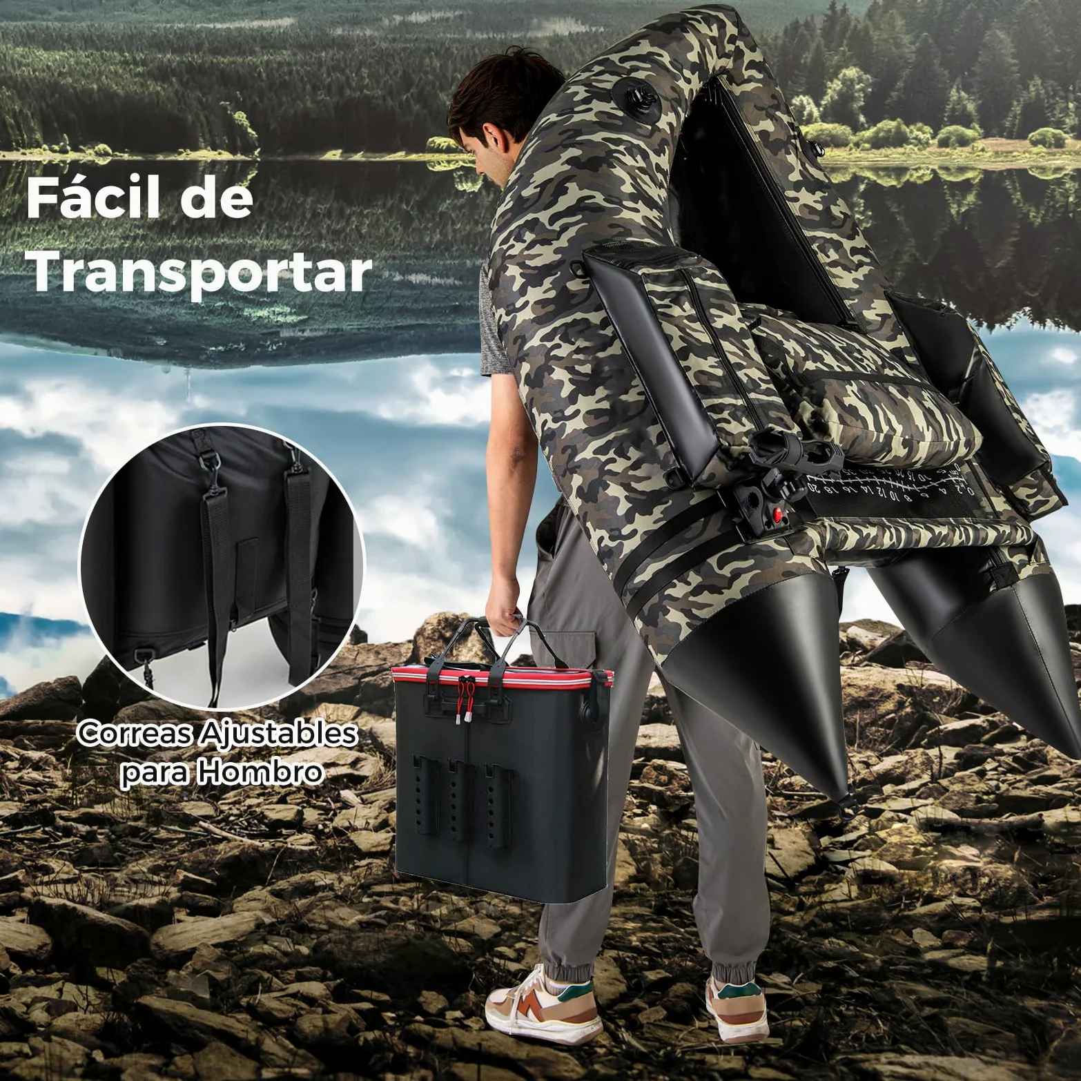 COSTWAY Barco de Pesca Inflable, Kayak Hinchable con 2 Aletas, Bomba Manual, Regla para Peces, Soporte para Caña, Bolsillos, Respaldo Ajustable y Correas, Bote Portátil para Adultos, Camuflaje