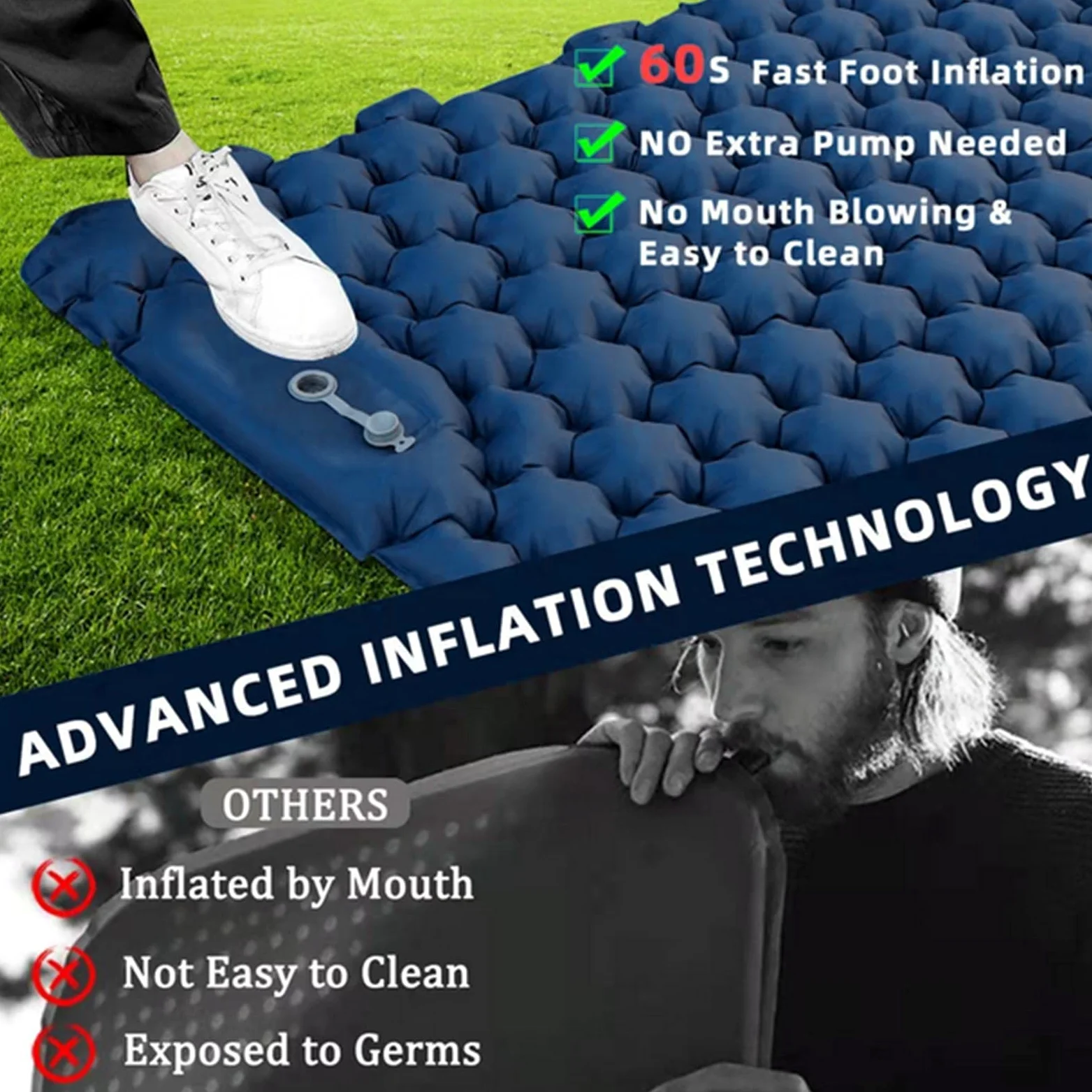 Colchoneta Inflable Doble para Acampar con Almohada, Colchoneta Doble Autoinflable con Almohada, Colchoneta De Nailon Impermeable para Exteriores para Senderismo, Camping (Azul Oscuro)