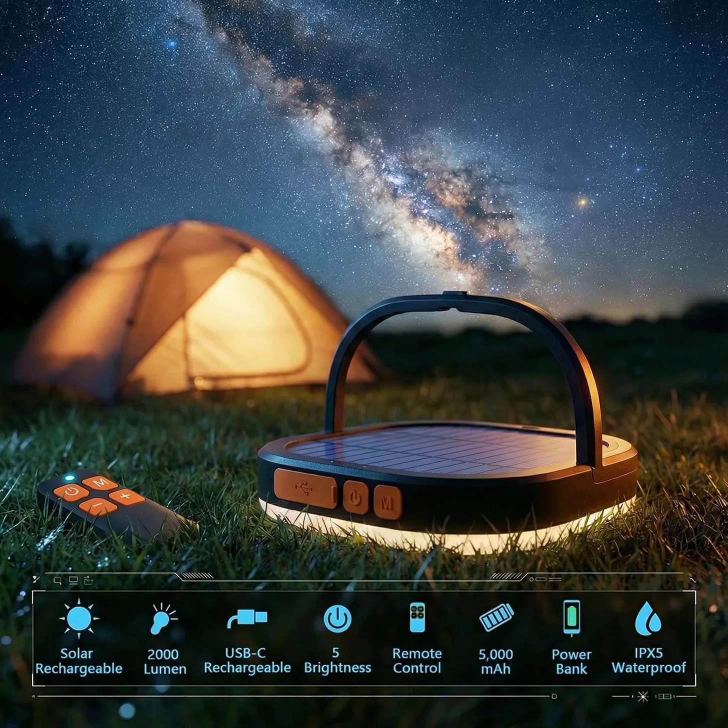 Linterna solar con control remoto de 5000 mAh, recargable, luz LED esencial para camping, 2000 lúmenes, 5 modos de luz, IPX5, impermeable, con linternas de carga USB para cortes de energía, peces