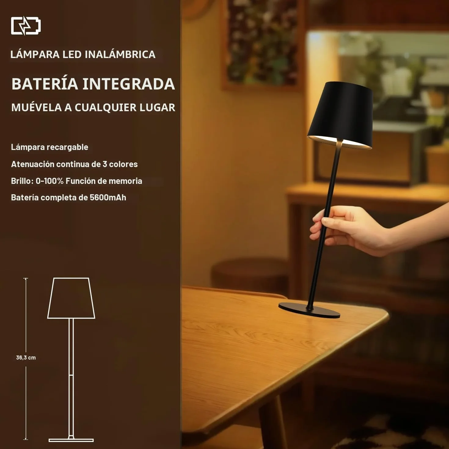 Lámpara de Mesa LED Recargable Inalámbrica con USB-C, IP44, 5600mAh, 5W, Negro