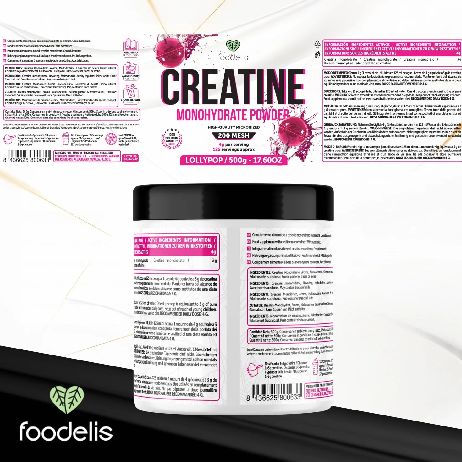 Foodelis Creatina Monohidratada en Polvo 500 g – Sabor Lollipop – Creatina Micronizada – Alta Pureza – Vegana