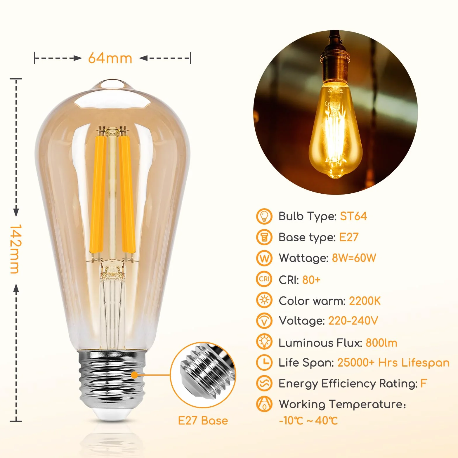Aigostar ST64 Bombilla Edison Estilo Vintage LED E27 8W 60W Equivalente Blanco Cálido 2200K 360º Pack 4