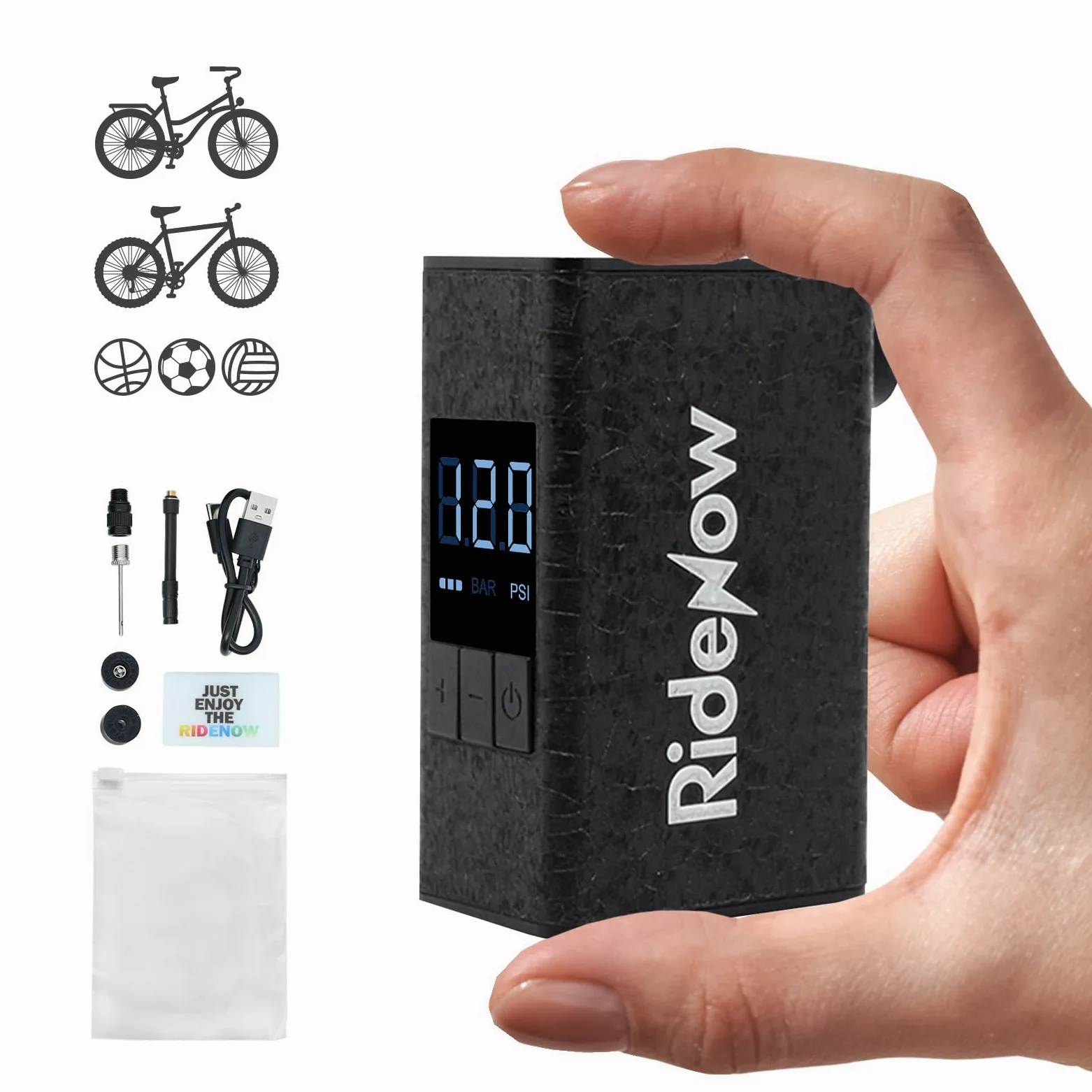 RideNow Mini bomba de aire eléctrica para bicicleta, máx. 150 PSI, bomba eléctrica portátil Tiny, compatible con válvulas Presta y Schrader para bicicleta de carretera, bicicleta eléctrica, bicicleta