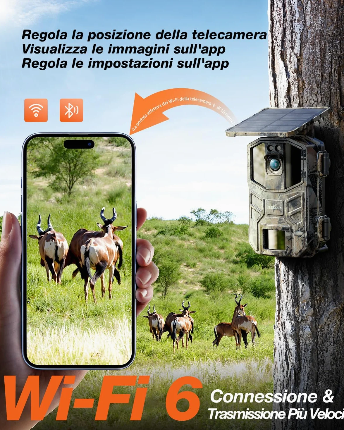 iZEEKER Cámara de Caza Solar, 4K Ultra HD 64MP Camara Fototrampeo con 32GB Micro SD Karte & 5200mAh Batería Recargable, Envio al Movil App y WiFi Bluetooth, Visión Nocturna, IP66 Impermeable