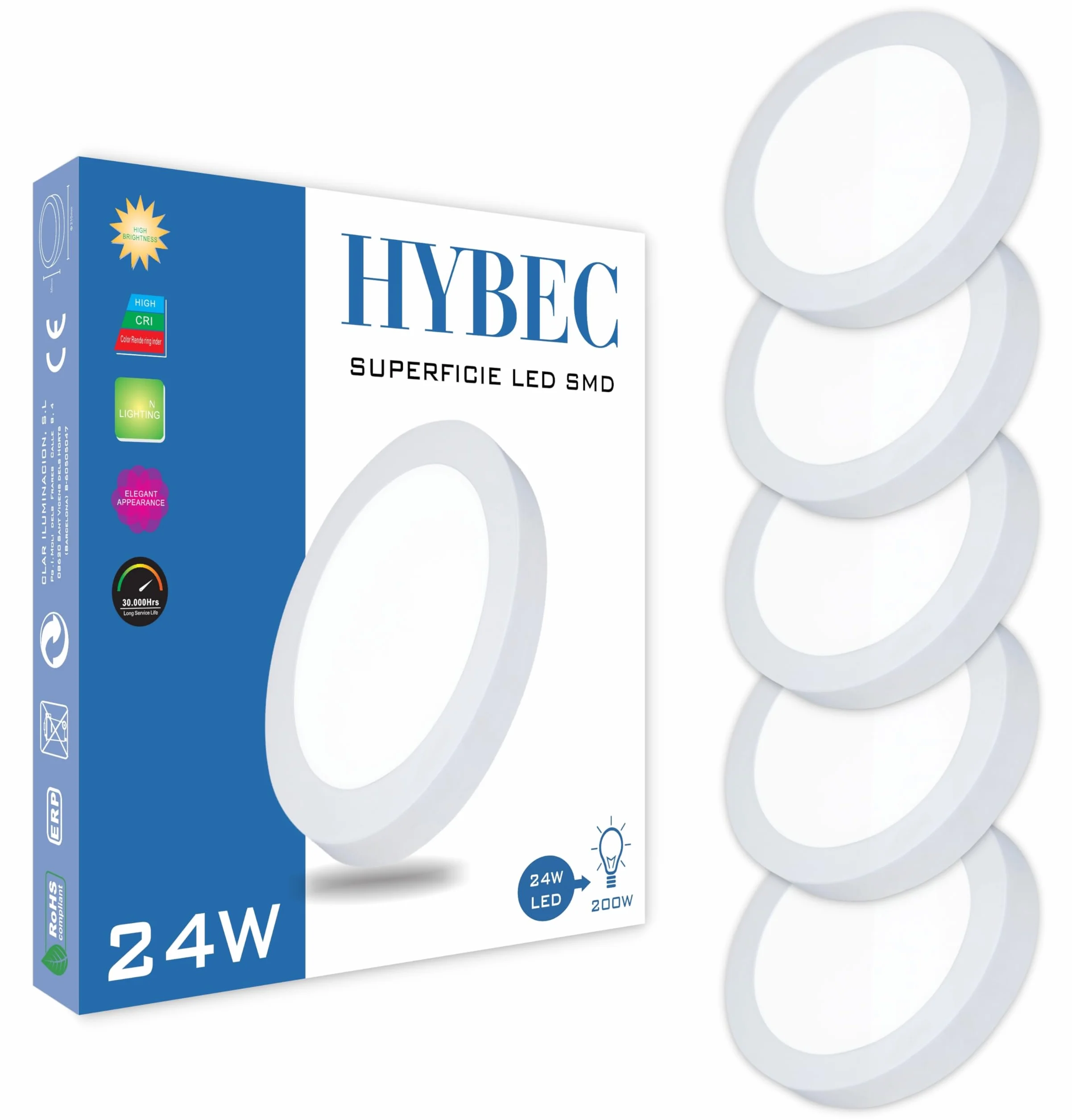 CLAR HYBEC Downlight Techo Superficie 24W Focos Interior Plafón LED Blanco Neutro 4000K Pack 5