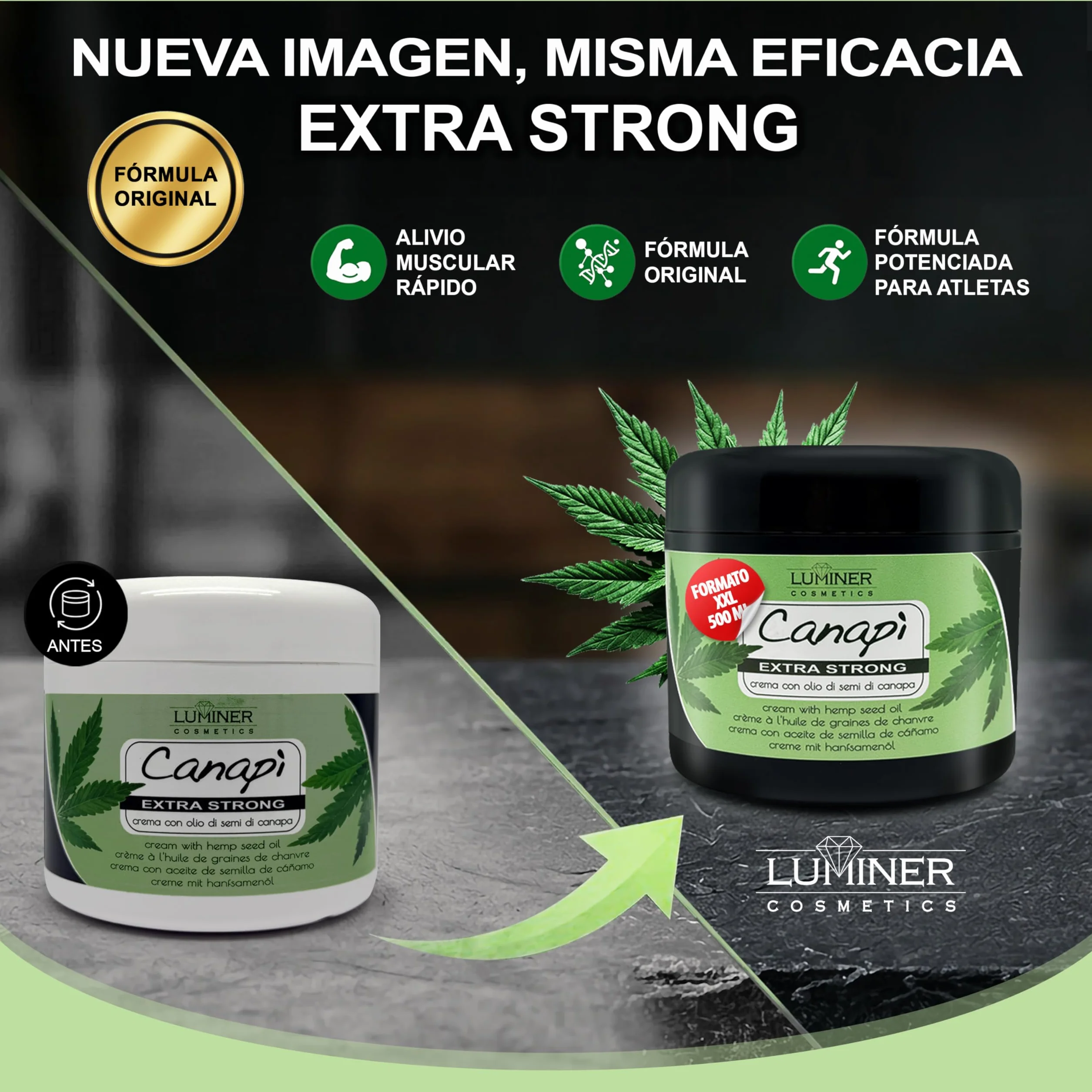 Luminer Crema de aceite de semillas de Cáñamo 500 ml Gel de masaje con árnica y harpagofito
