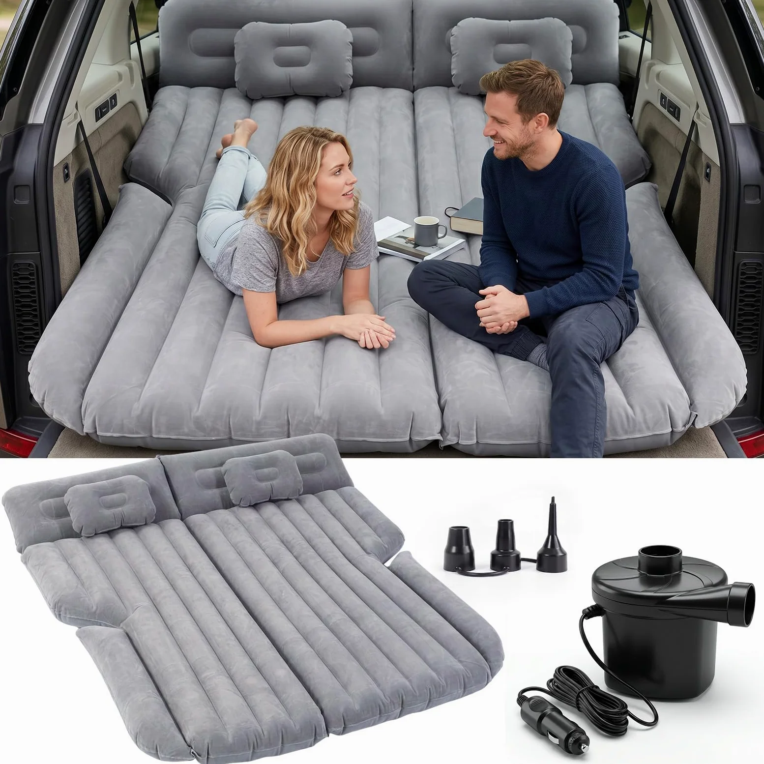 Sekey Colchón de aire para coche con bomba de aire de 12 V para viajes por carretera, SUV, colchón hinchable para 2-3 personas, infla en cualquier momento y relajarse inmediatamente, colchón hinchable