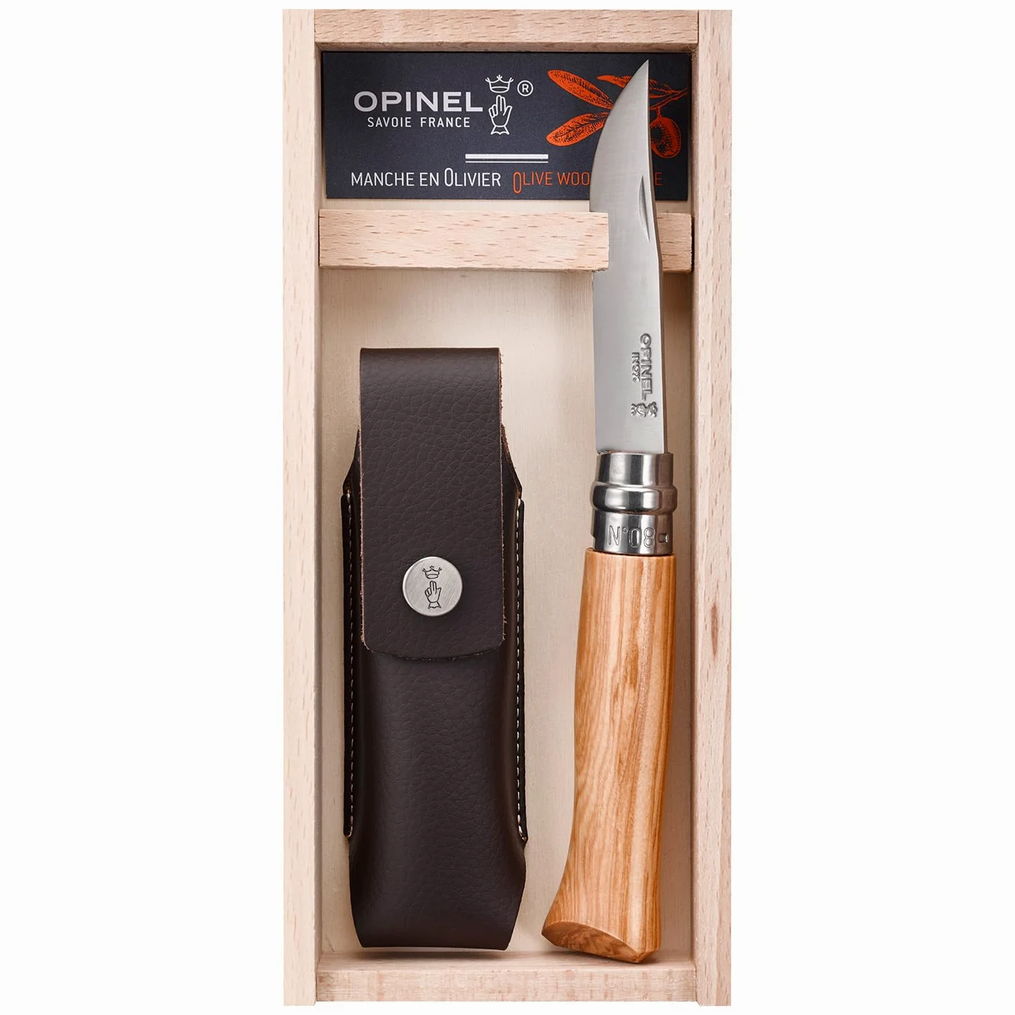 Opinel - N°08 Olivo Cuchillo de Bolsillo Versátil + Funda Alpine - Hoja de 8,5 cm de Acero Inoxidable - Mango de Olivo - Anillo de Seguridad Virobloc - Fabricación Francesa