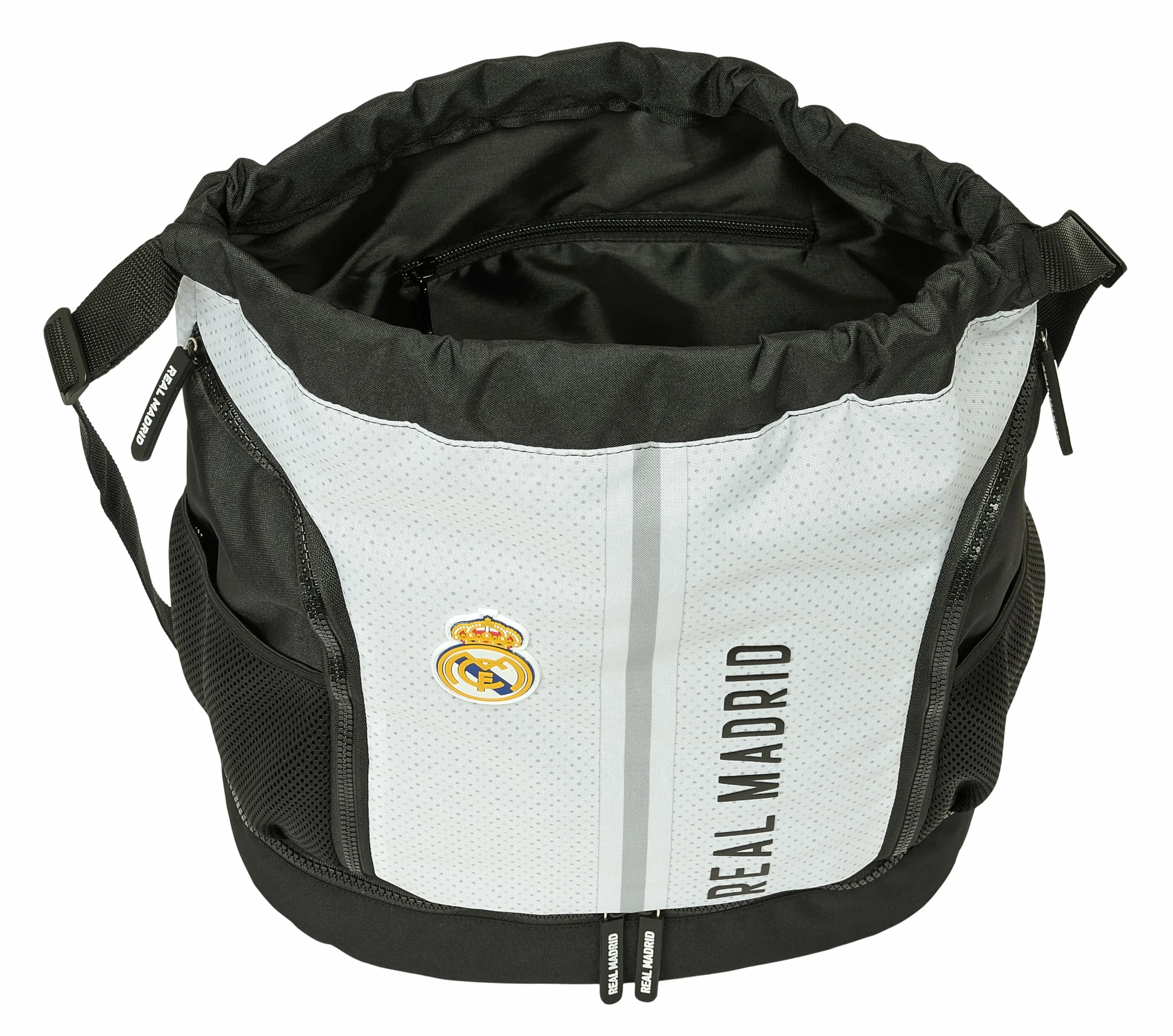 REAL MADRID 1ª EQUIPACIÓN 24/25 - Mochila Saco, Mochila, Ideal para Niños de Diferentes Edades, Cómoda y Versátil, Calidad y Resistencia, 34x15x43 cm, Color Blanco/gris