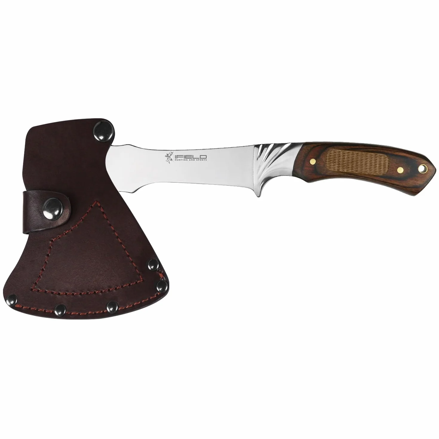 iFIELD Hacha Deportiva Camper EL29001, Hoja de Acero INOX 9,5 cm, Total 29,5 cm, Funda de Piel, Mango Stamina Decorada CNC