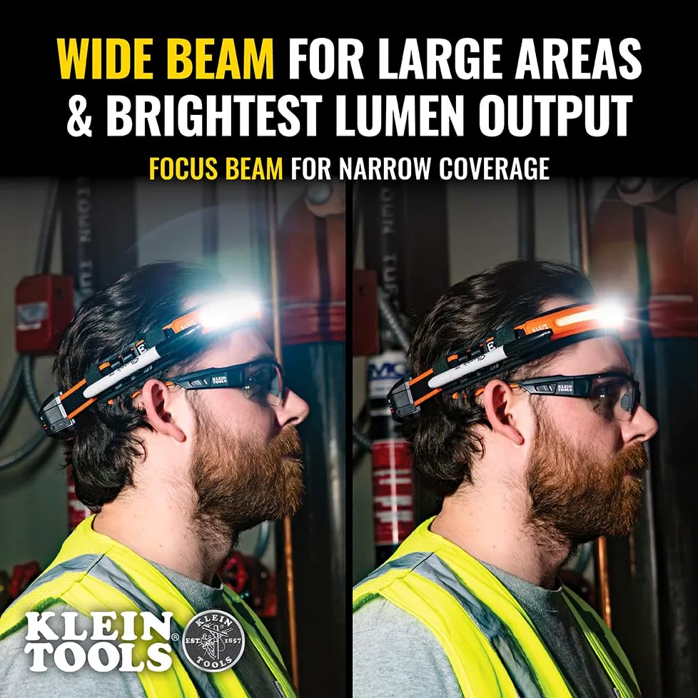 KLEIN TOOLS 56308 Linterna frontal recargable con correa, 575 lúmenes, LED de haz ancho, modos de enfoque directo o todo encendido, para trabajo y exteriores