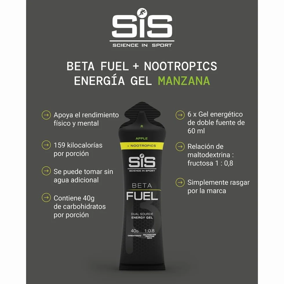 Science in Sport BETA Fuel + Nootropics Gel 6x60ml Manzana - Gel energético con 40g carbohidratos para deportes de resistencia