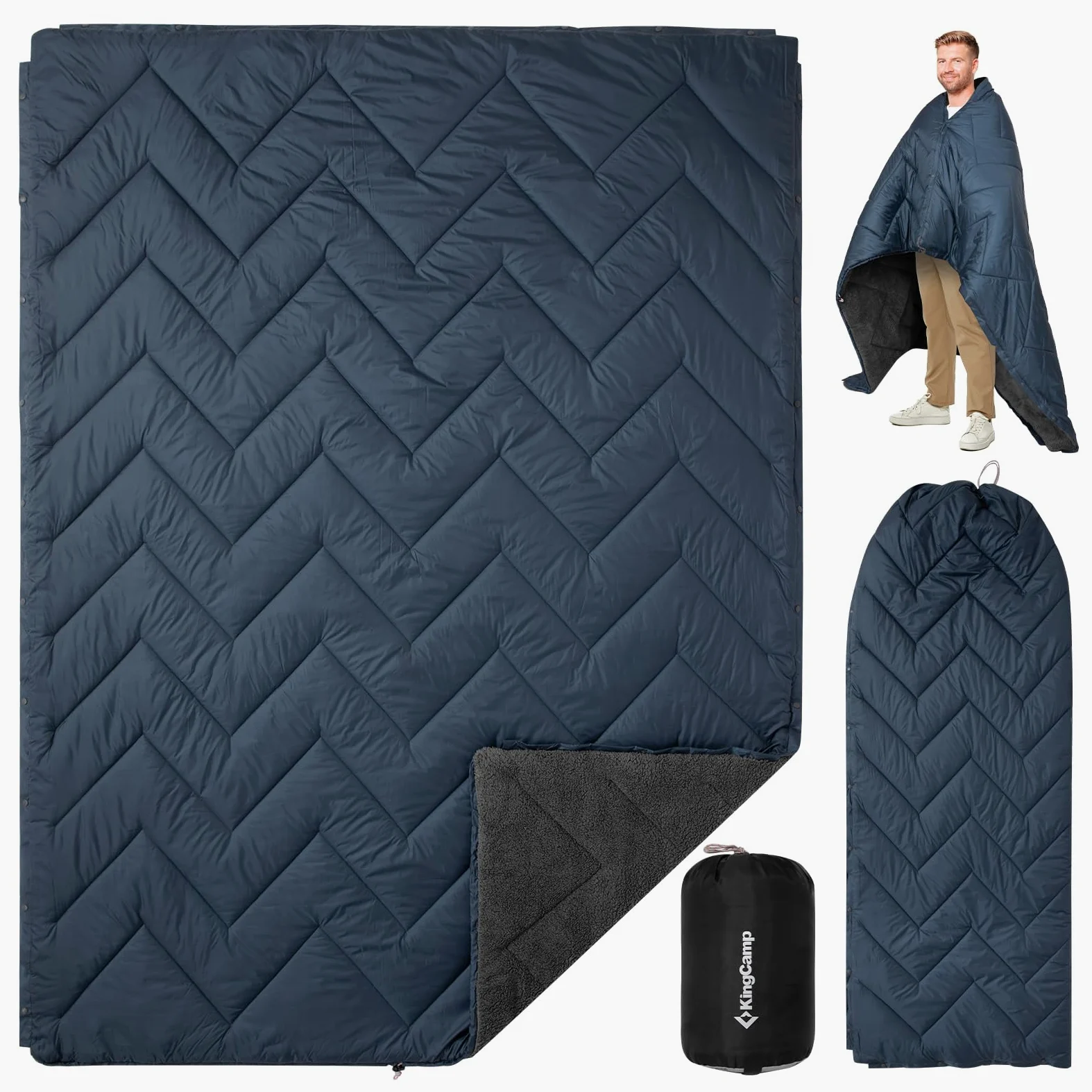KingCamp Manta Multifuncional de Viaje y Camping 200 x 145 cm | Forro de Sherpa Cálido e Impermeable, Ultraligera con Bolsa de Transporte para Avión, Pesca y Casa (Gris/Azul)