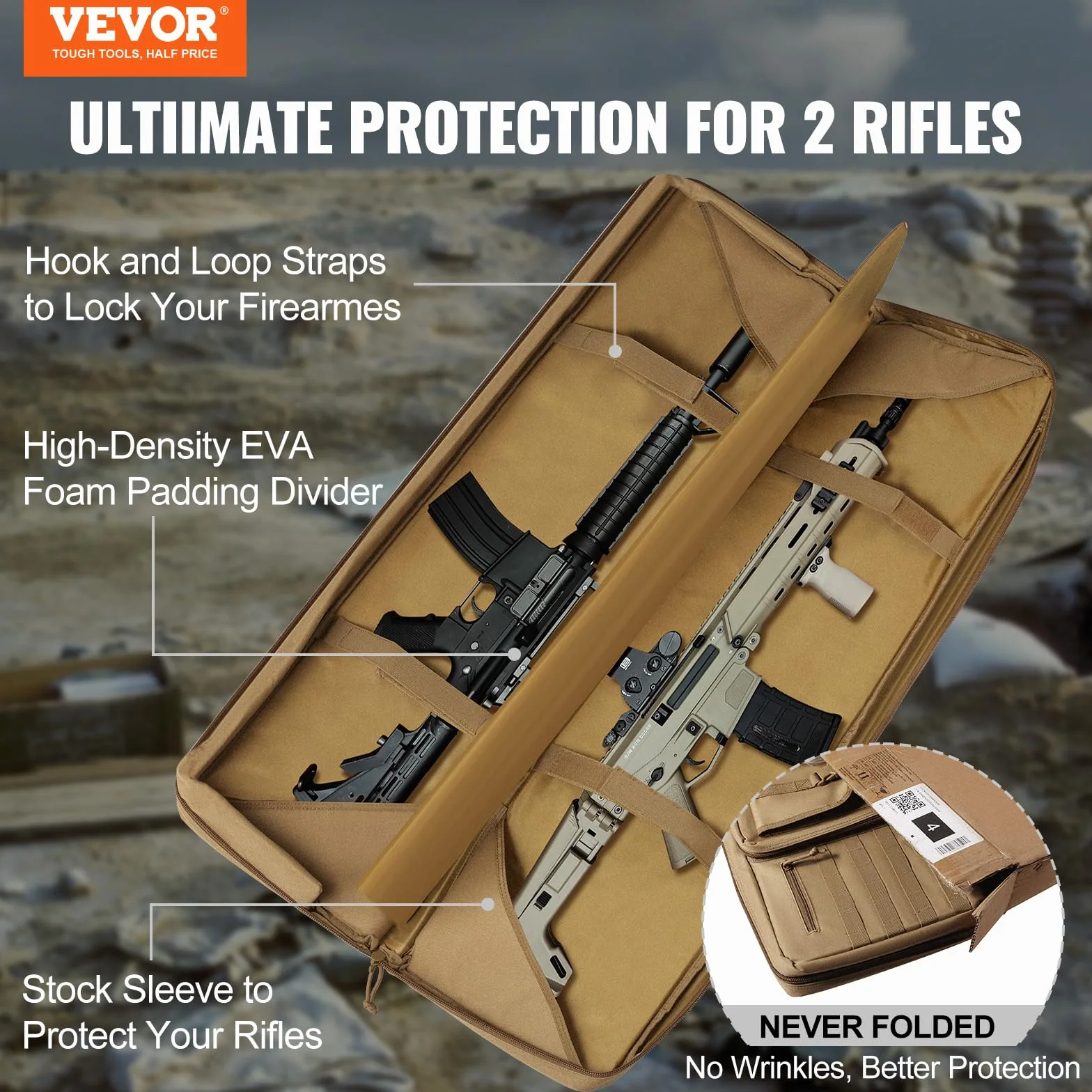 VEVOR Estuche para Rifle Bolsa Táctica Larga para Transporte de Armas 107cm con Sistema MOLLE Funda para Rifle con Correa para Hombro Cremallera con Cerradura para 2 Rifles 102cm y 2 Pistolas, Marrón