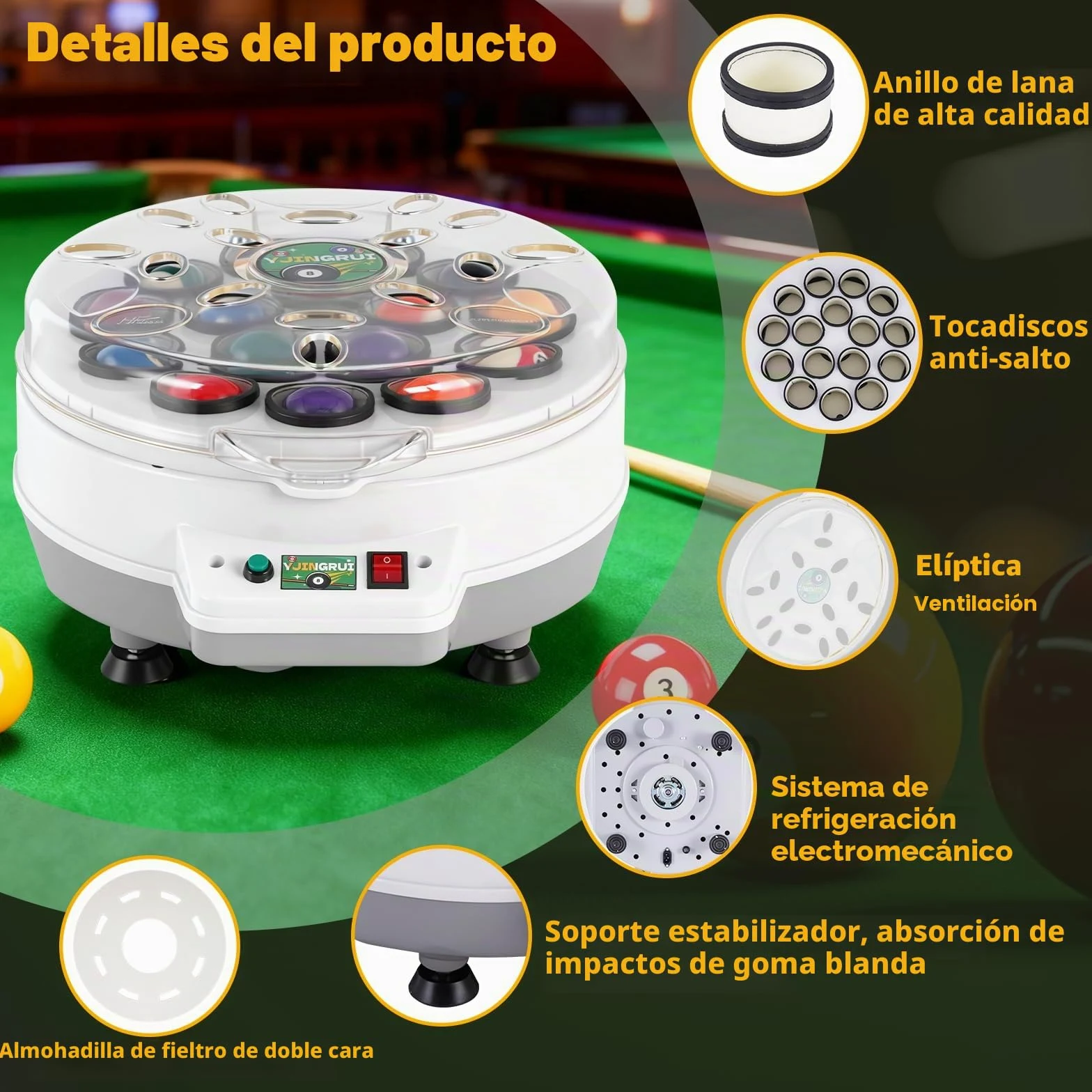 YJINGRUI Limpiador automático de bolas de billar, 16 bolas de piscina, pulidora, máquina de limpieza de bolas de billar, con llave y cepillo para bolas de billar de 57,2 mm