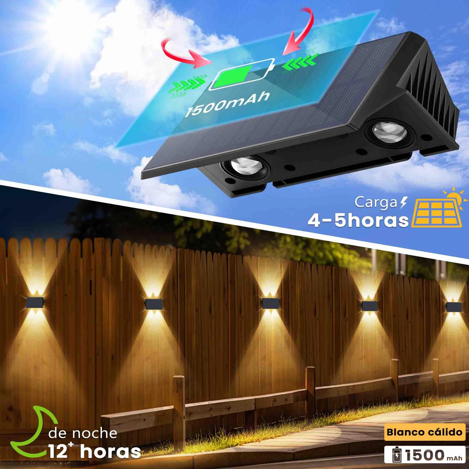 Aplique Solar Exterior IP67 Impermeable 4 LED Blanco Cálido para Jardín Patio Balcón