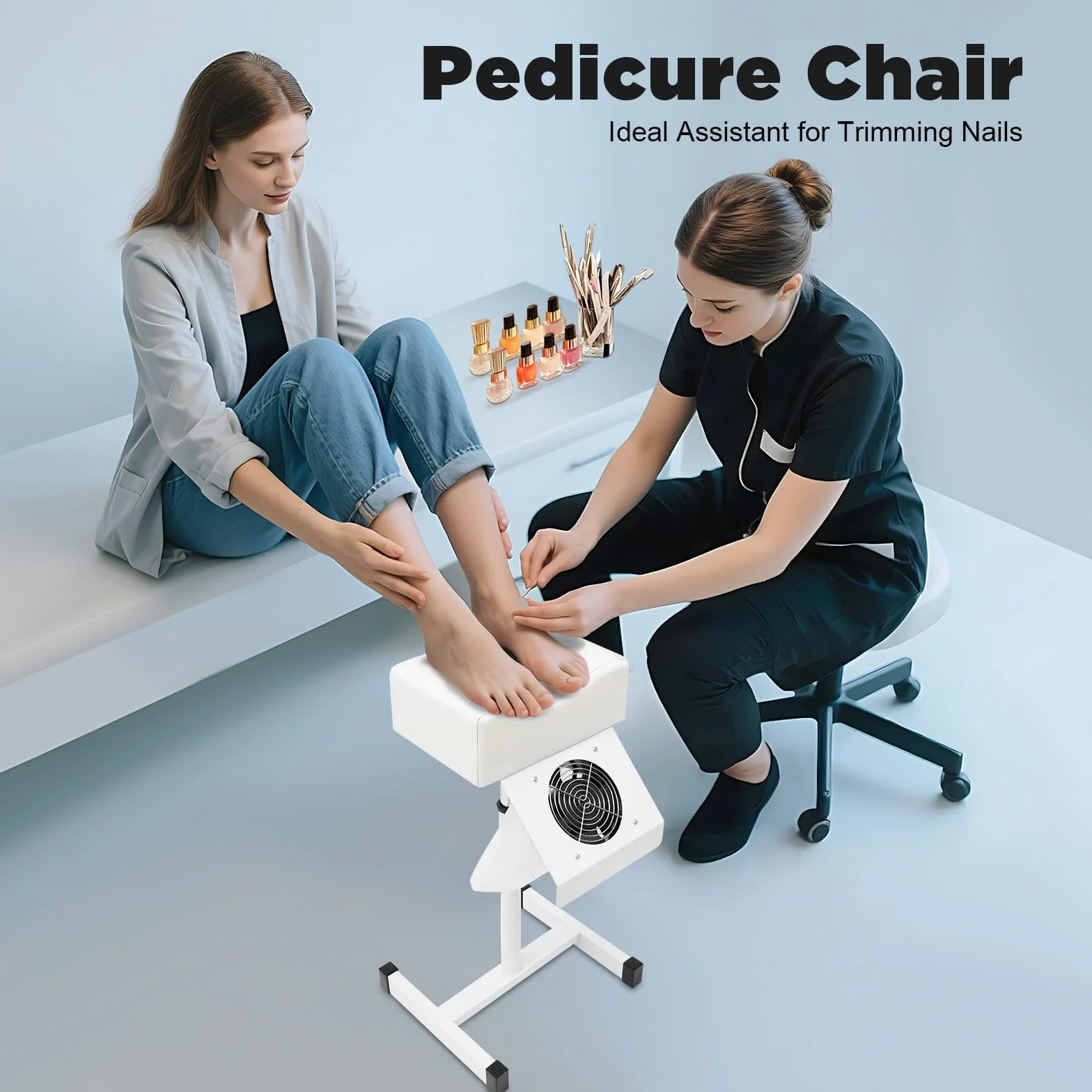 MINRS Taburete de Pedicura Silla Móvil Altura Ajustable Reposapiés Blanco