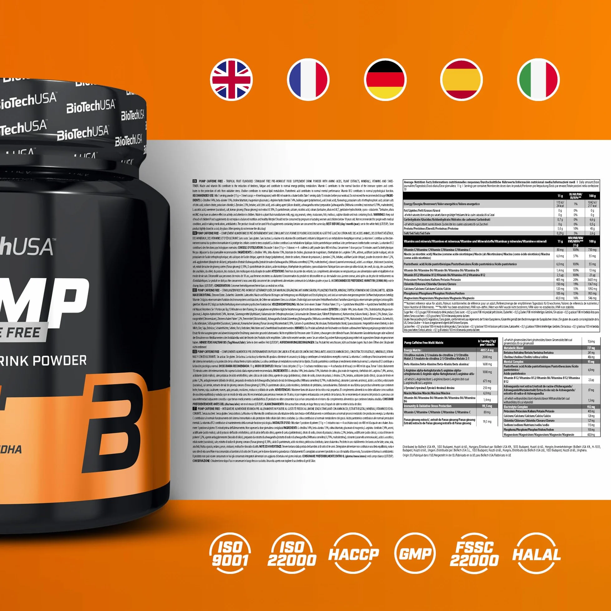 BioTechUSA Pump Caffeine Free Pre-Entrenamiento 330 g Frutas tropicales