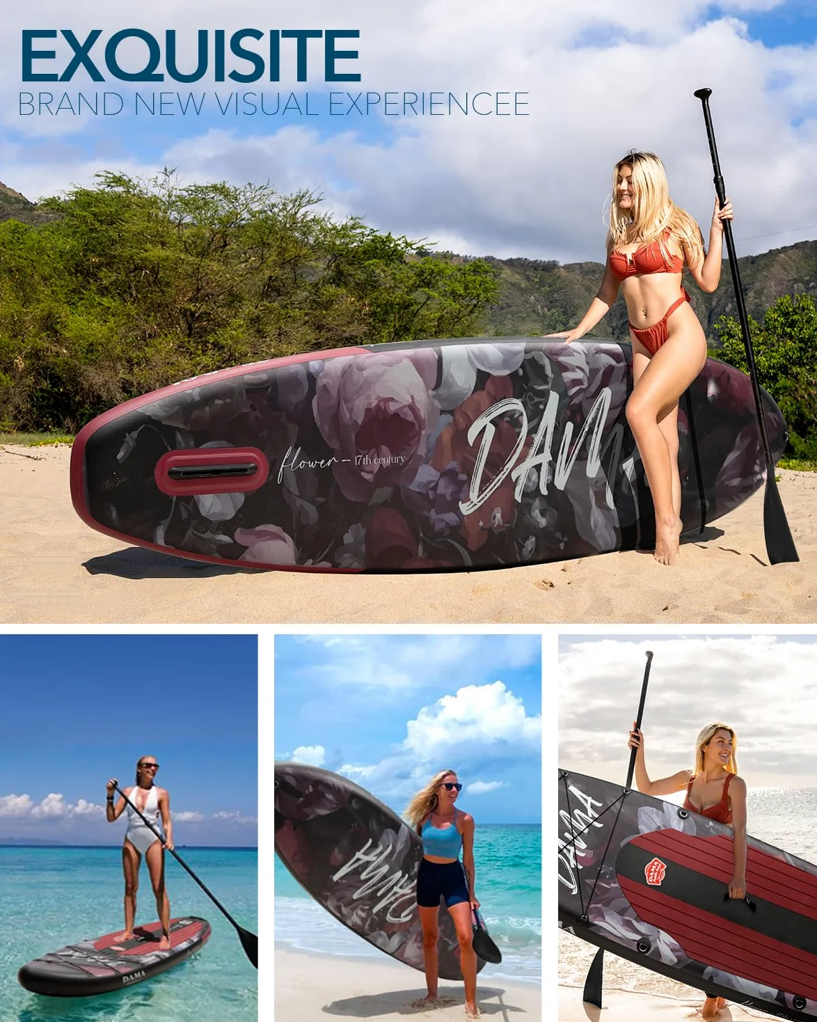 DAMA Dark Flower Tabla de Paddle Surf Hinchable, Sup Paddle Board Inflable 320 x 81 x 15 cm, Antideslizante, hasta 145 kg, Remo Doble, Bomba, Mochila, Correa de Seguridad, Bolsa Estanca y Funda Móvil